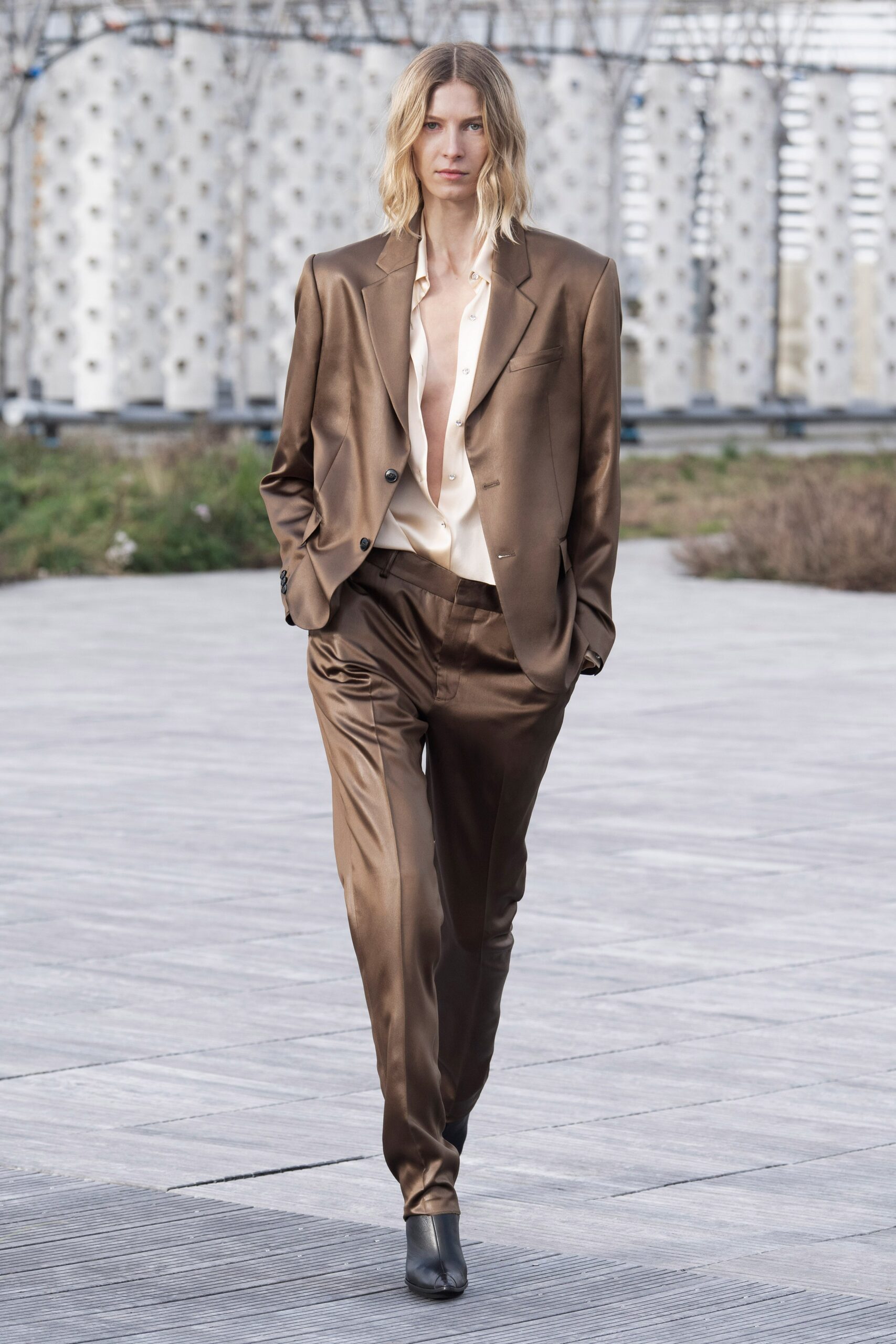 brown satin tailored suit