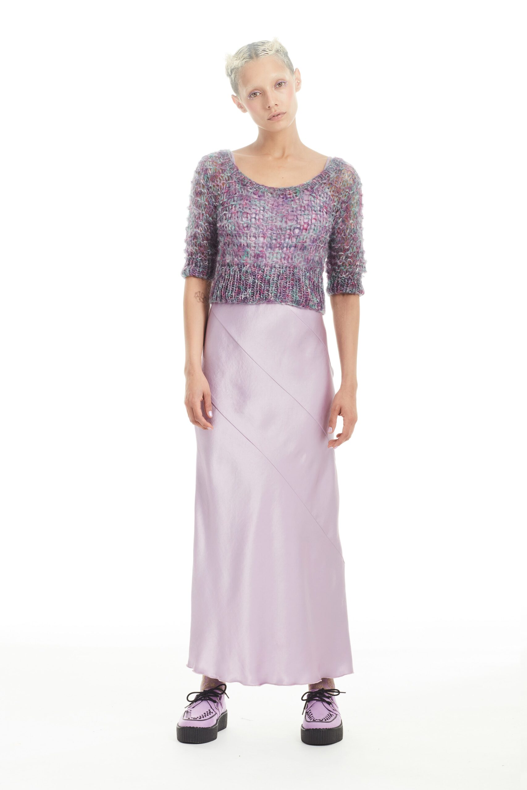 purple wool short-sleeve scoop-neck fitted textured cropped top