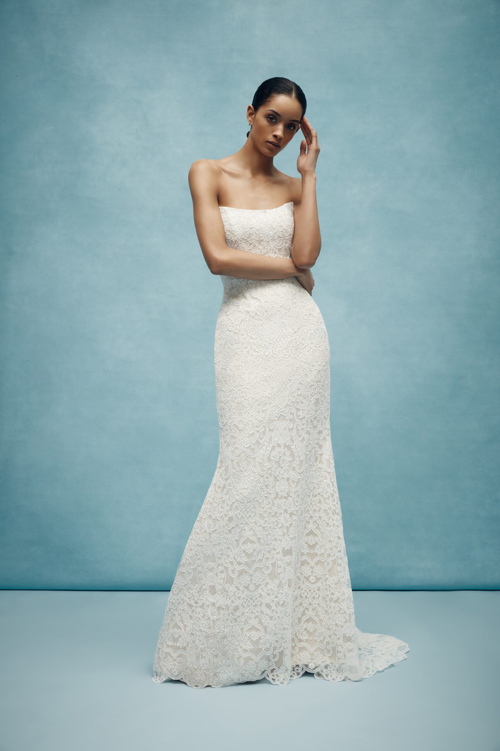 white lace strapless gown