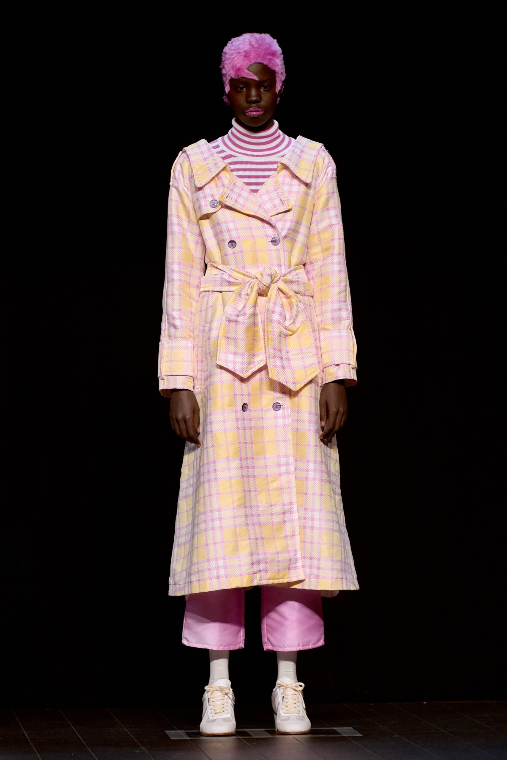 yellow cotton long-sleeve collared relaxed checked belted trench