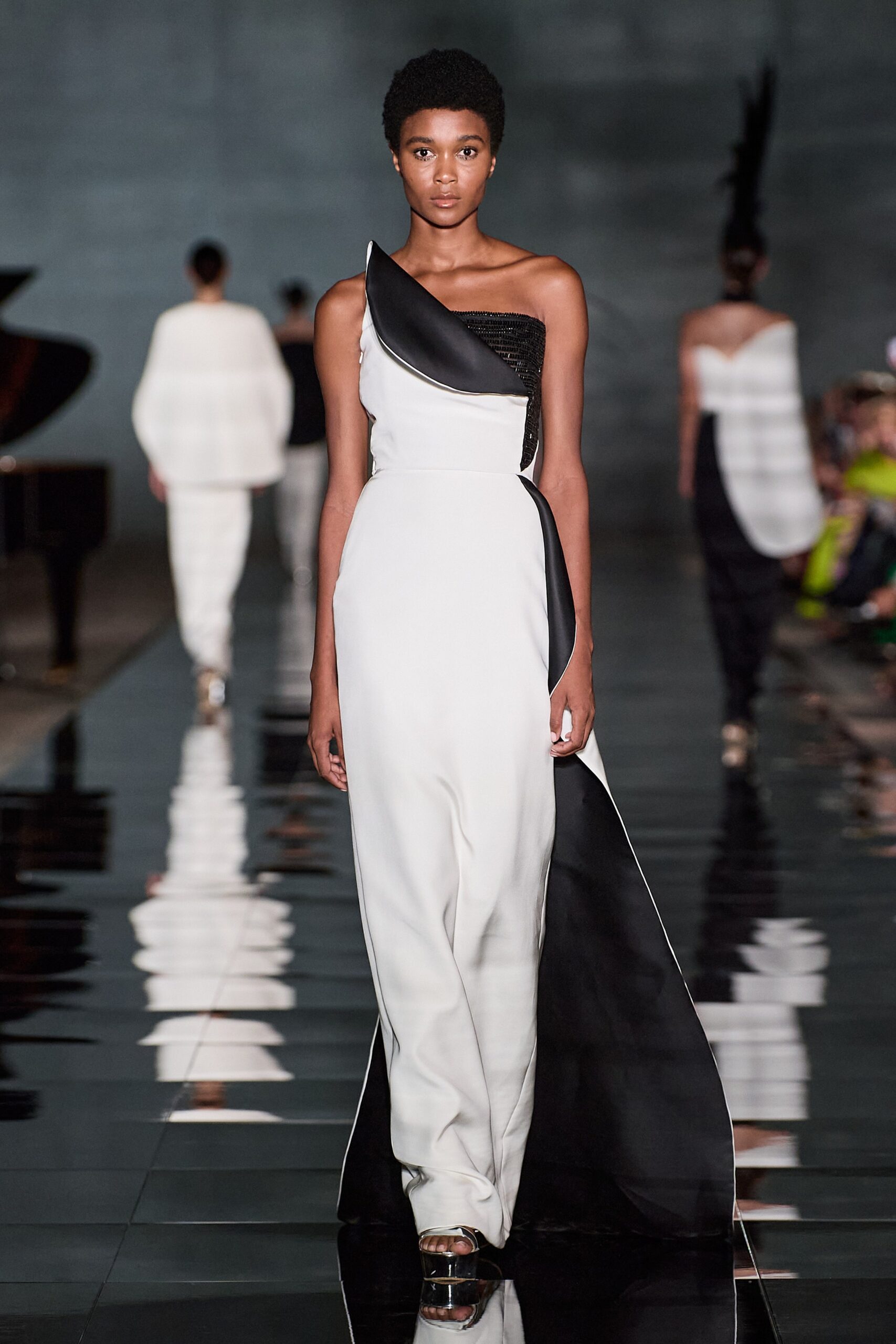 black and white asymmetric gown