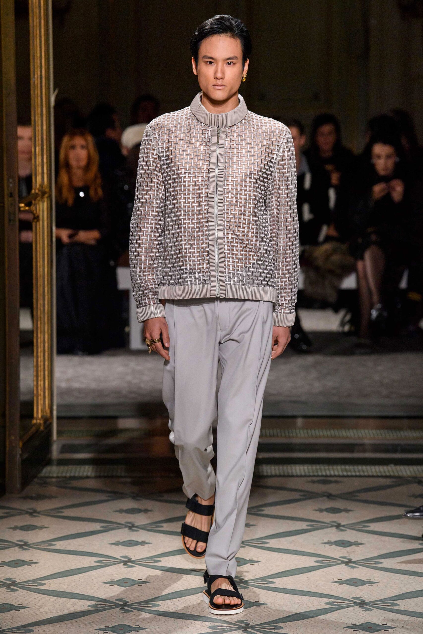 gray silk long-sleeve collared relaxed zippered shiny jacket