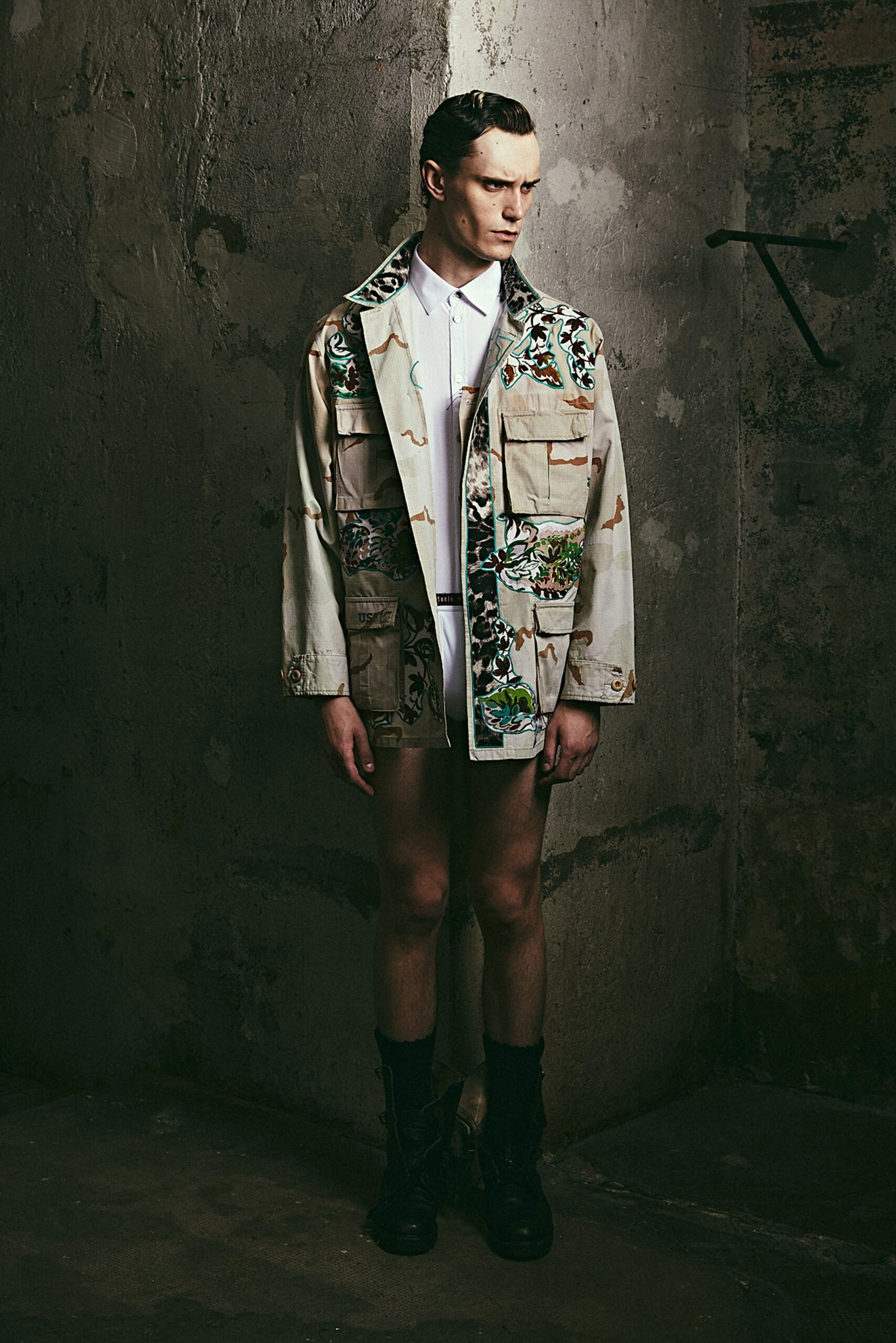 beige embroidered jacket with shorts