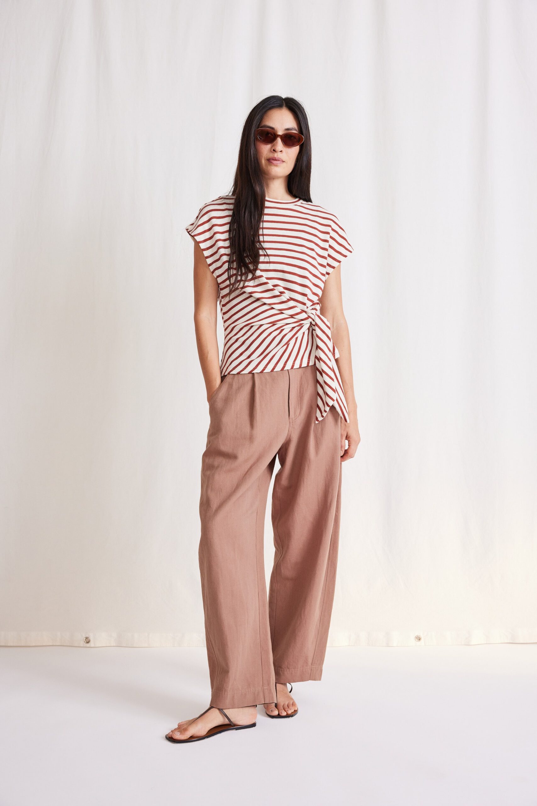 white cotton short-sleeve v-neck relaxed striped belted top