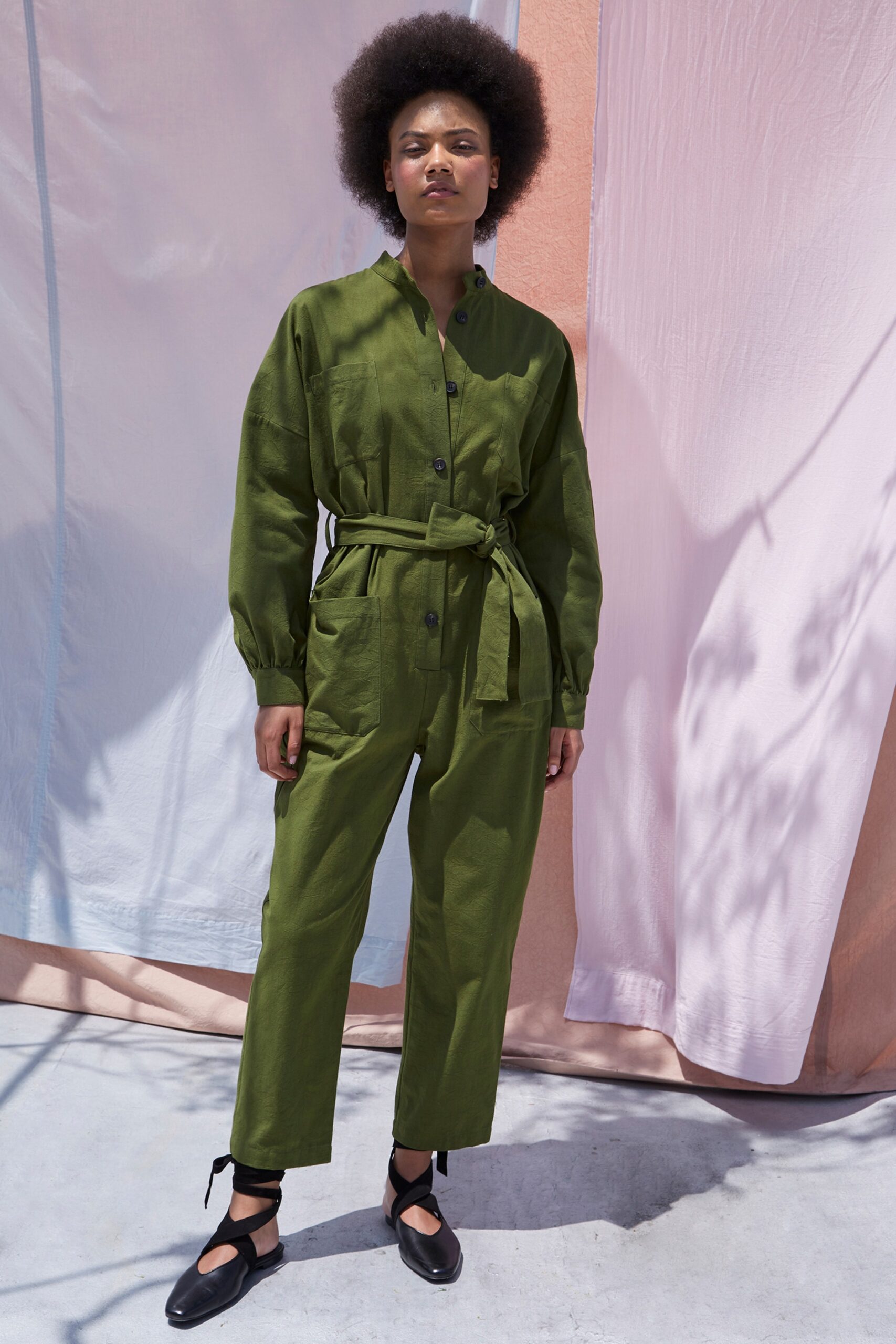 green cotton belted jumpsuit