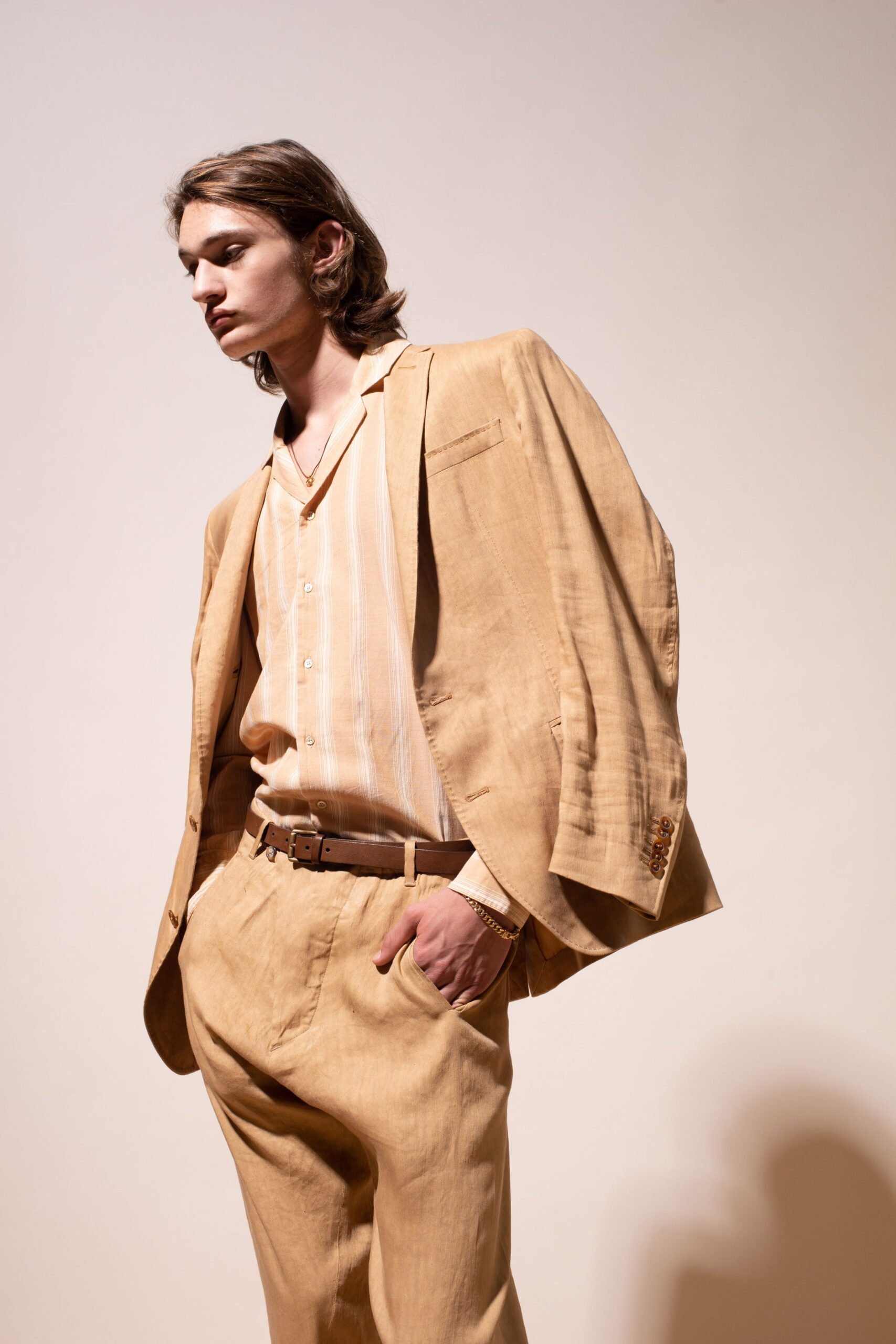 beige linen blazer and tailored pants