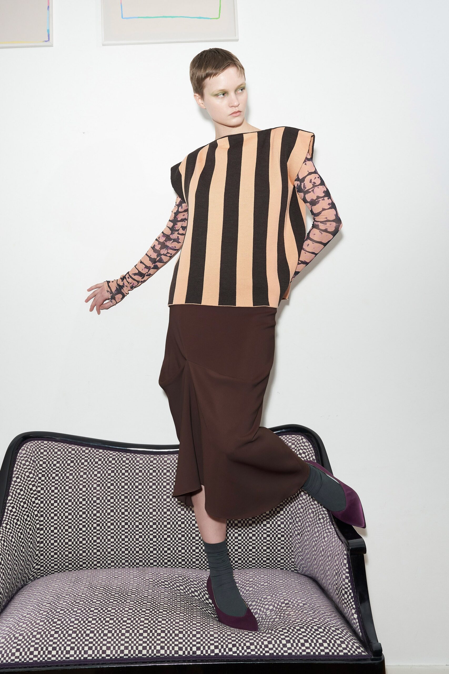 beige striped top and brown skirt