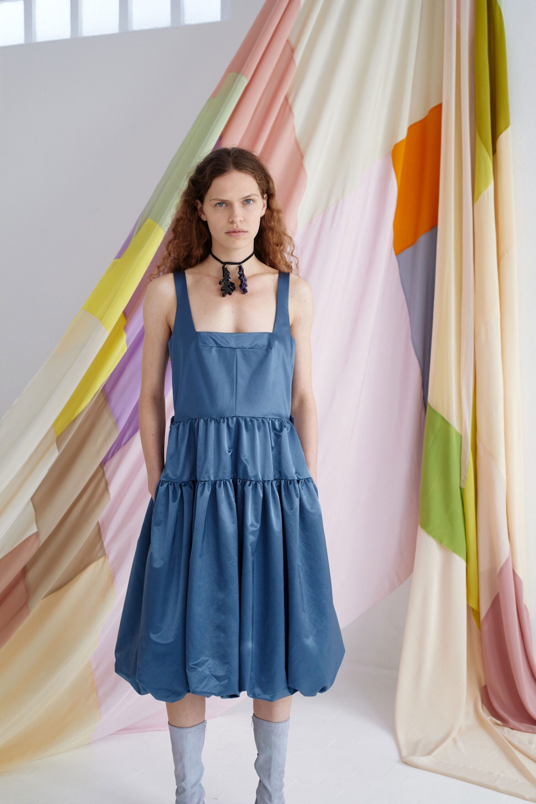 blue silk sleeveless tiered dress