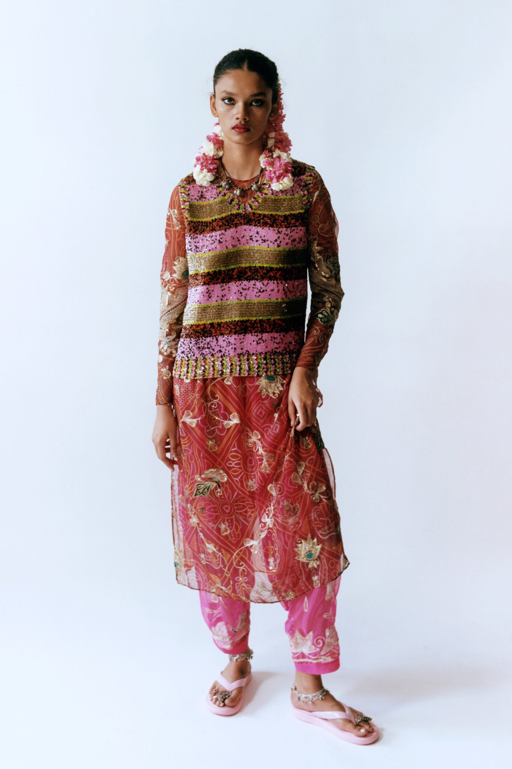 pink embroidered silk top and pants