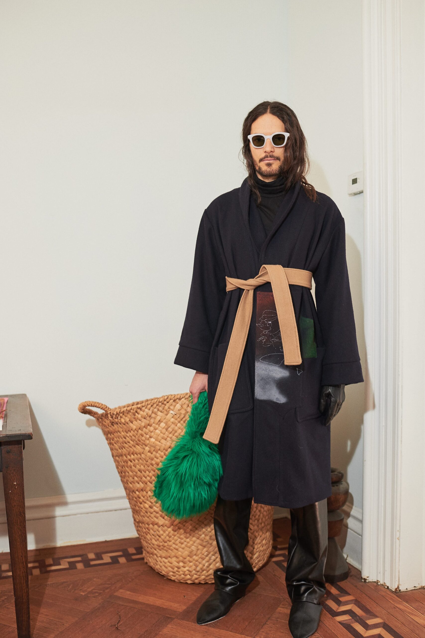 black wool coat with leather pants