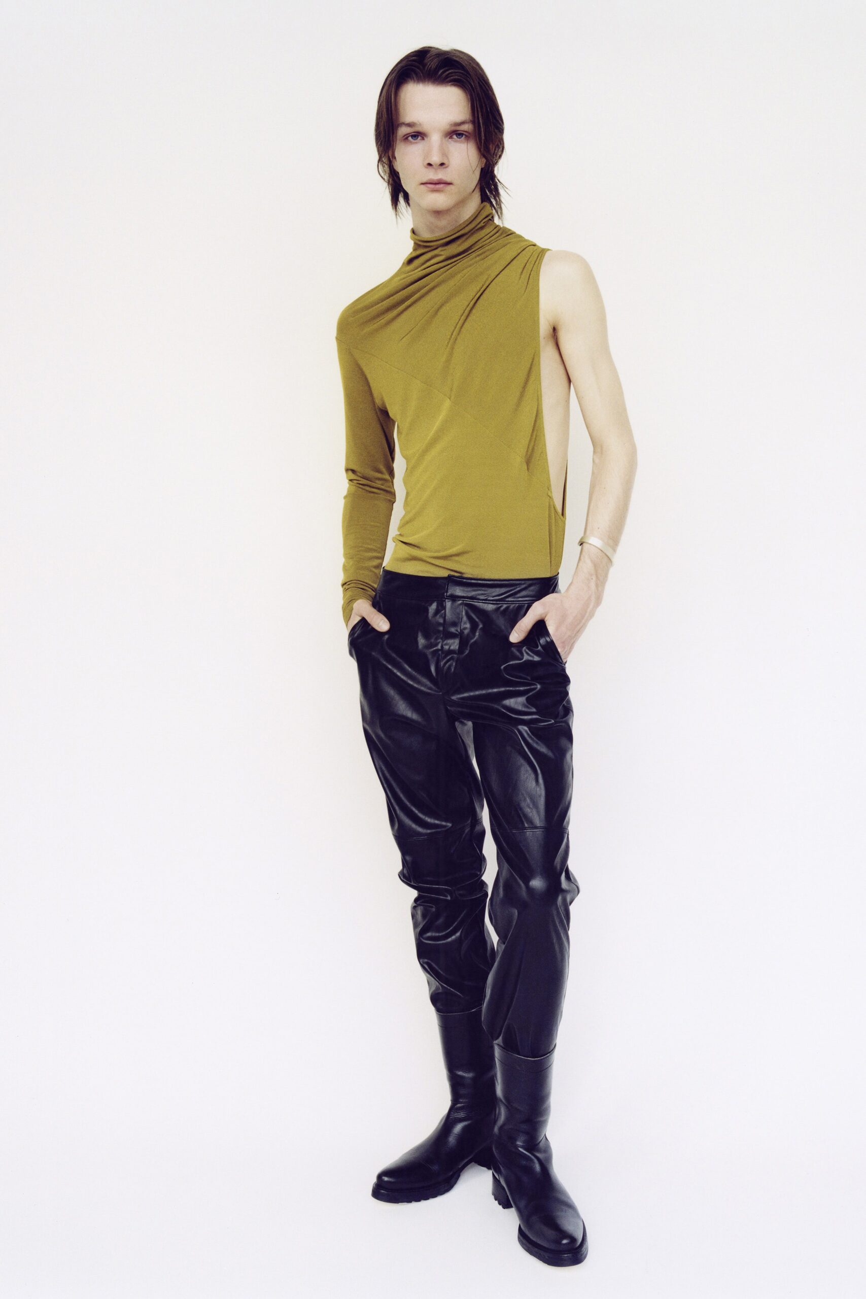 yellow cotton sleeveless high-neck fitted draped top