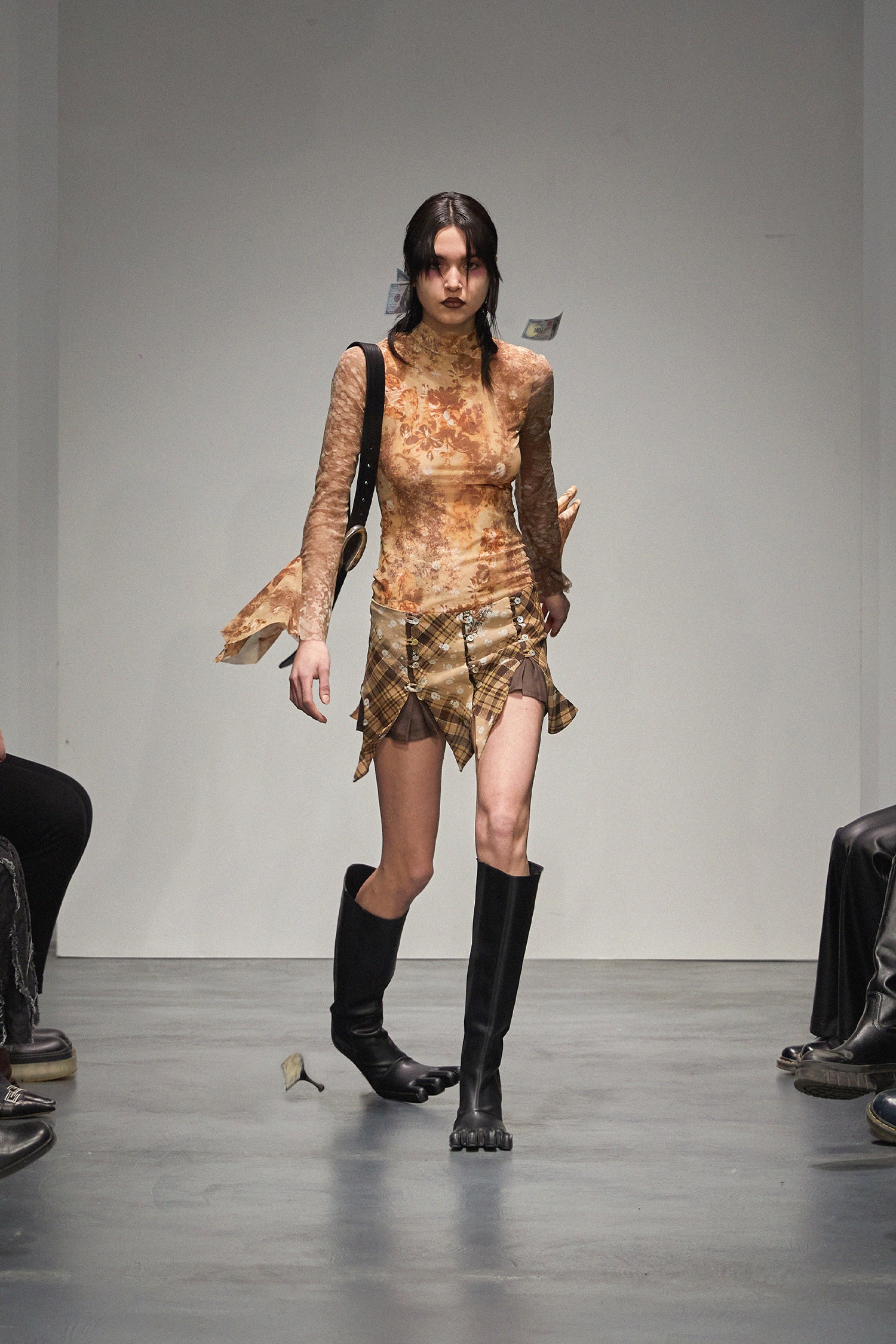 brown silk long-sleeve high-neck fitted ruched sheer top