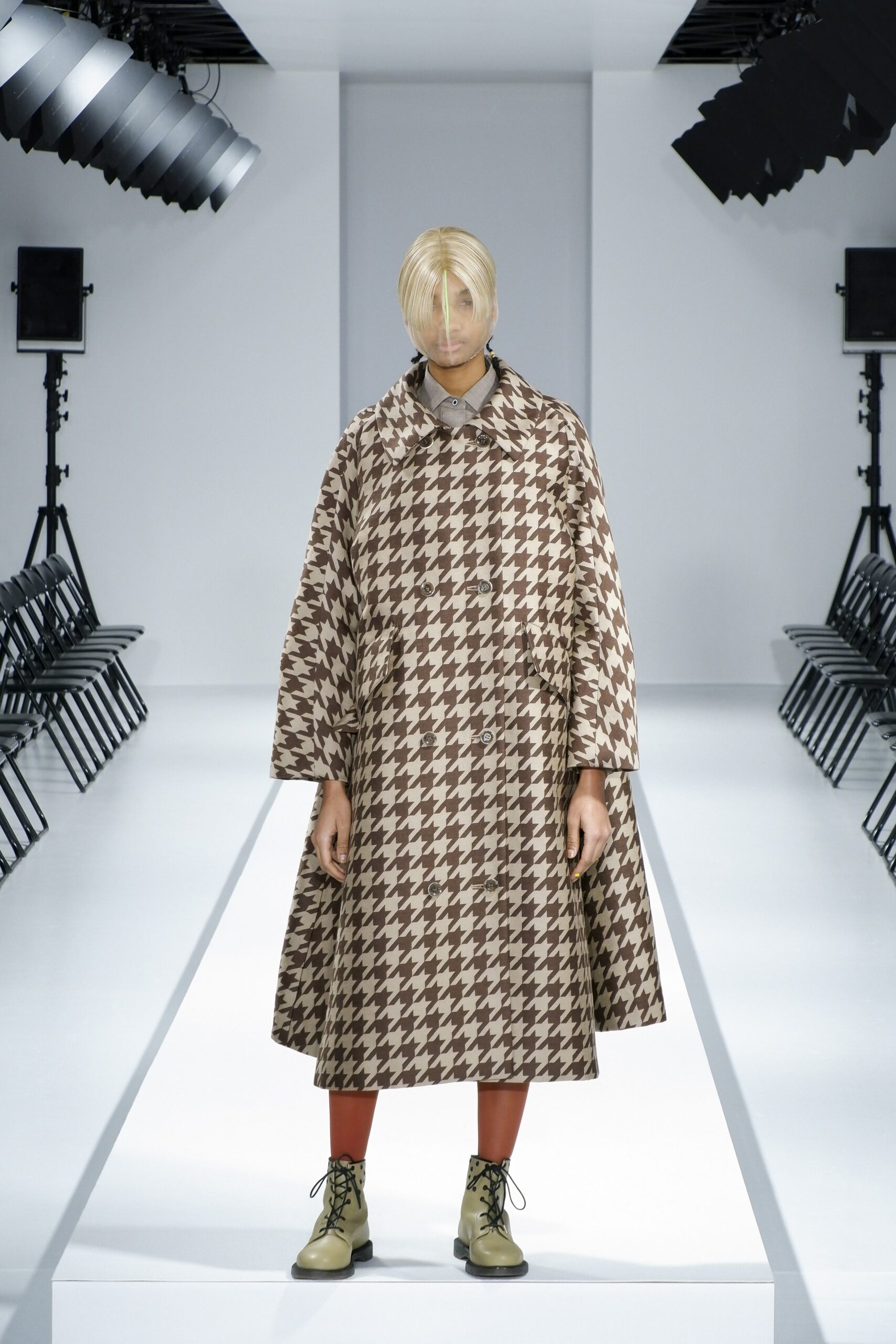 brown wool long-sleeve collared oversized checked midi coat