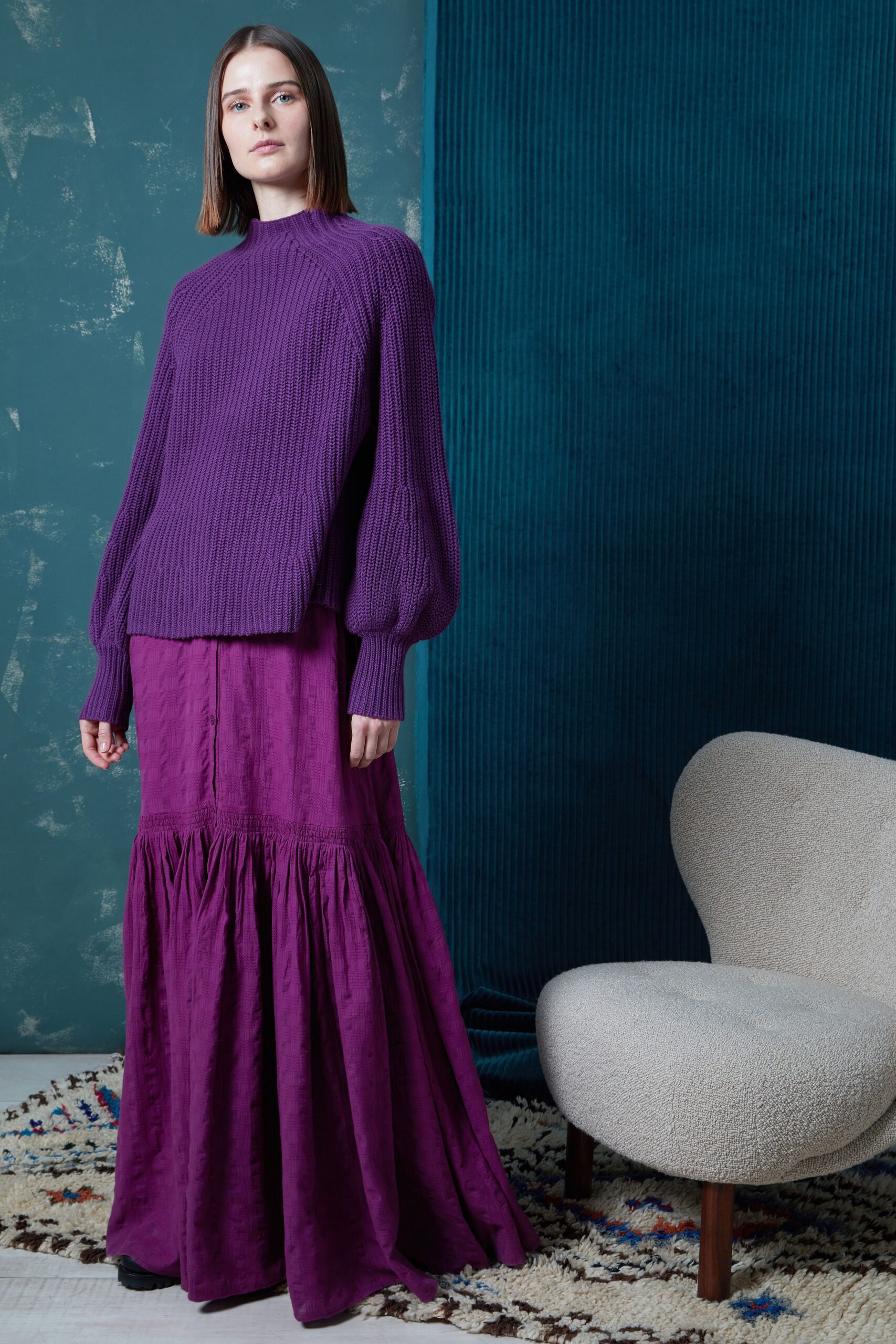 purple cropped sweater and maxi skirt
