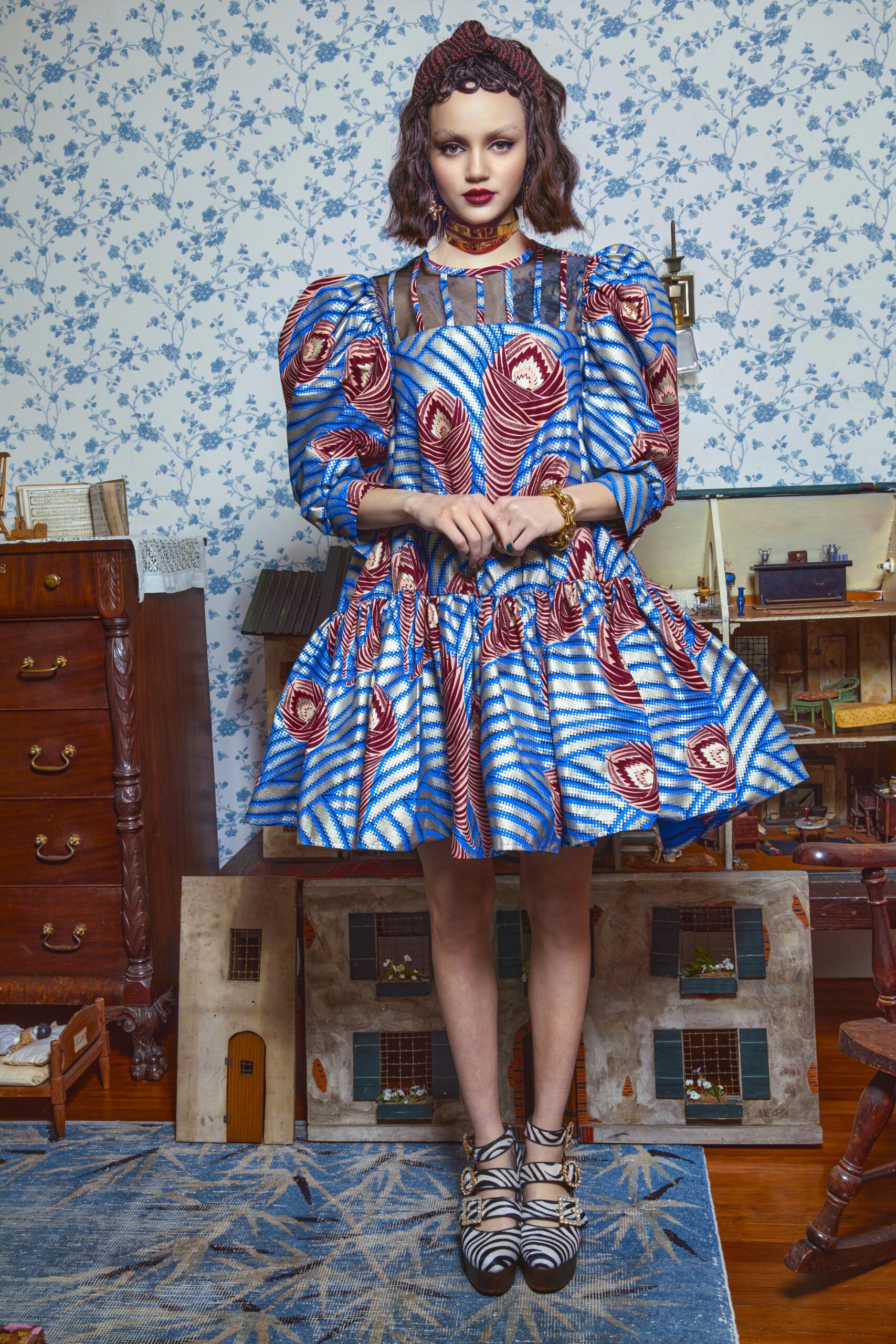 blue and red puffed mini dress