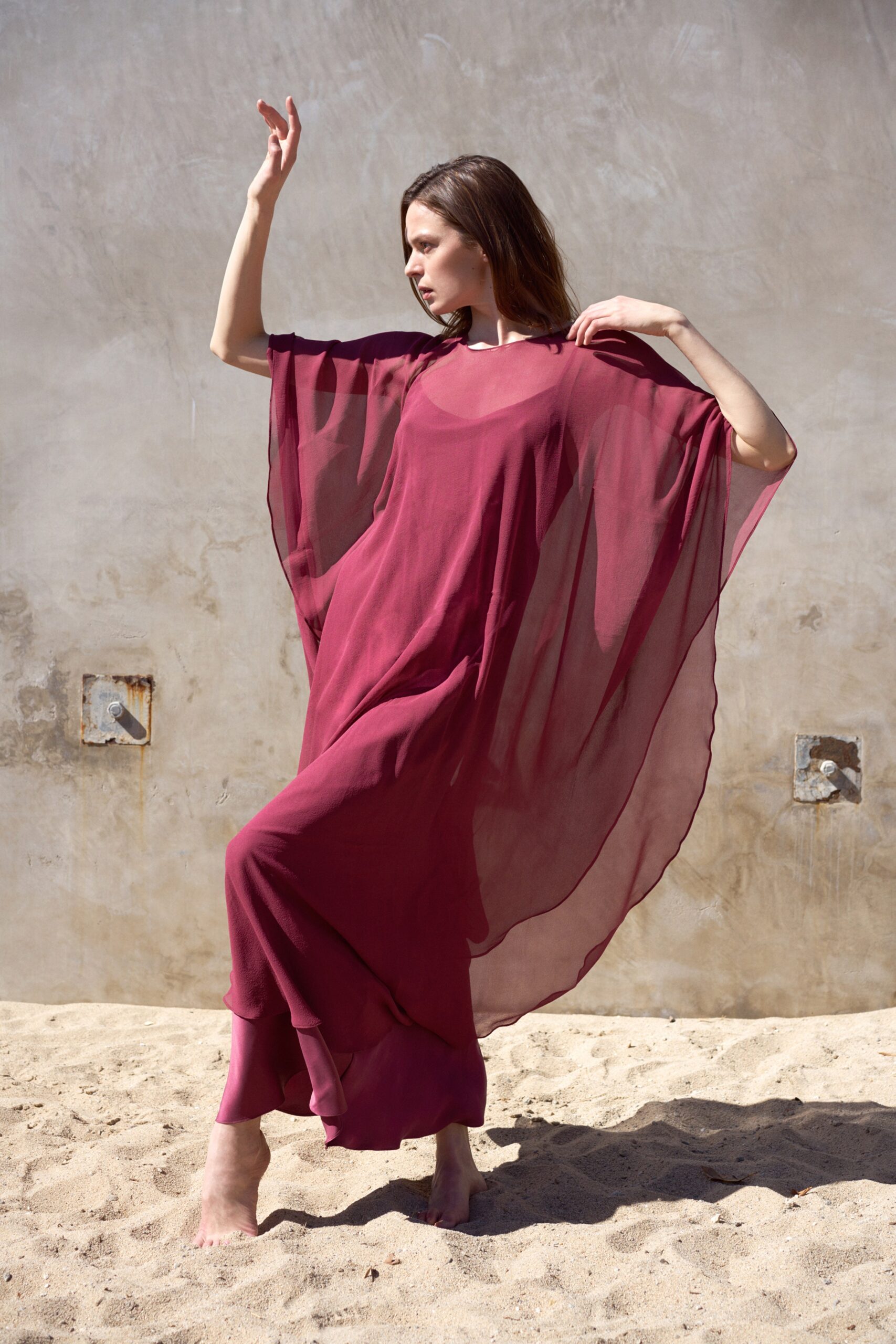 red flowing chiffon dress
