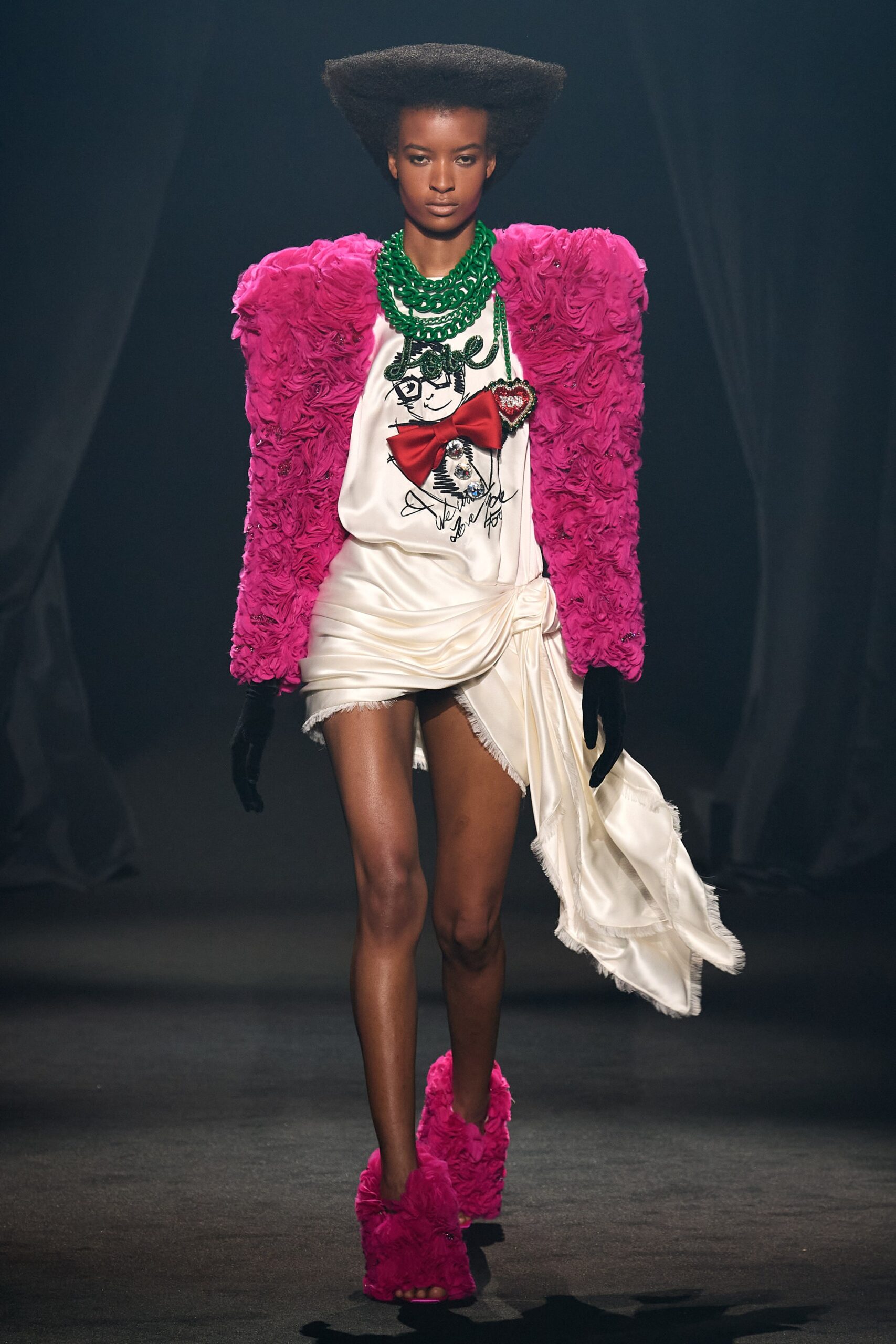 pink silk long-sleeve collared structured ruffled jacket