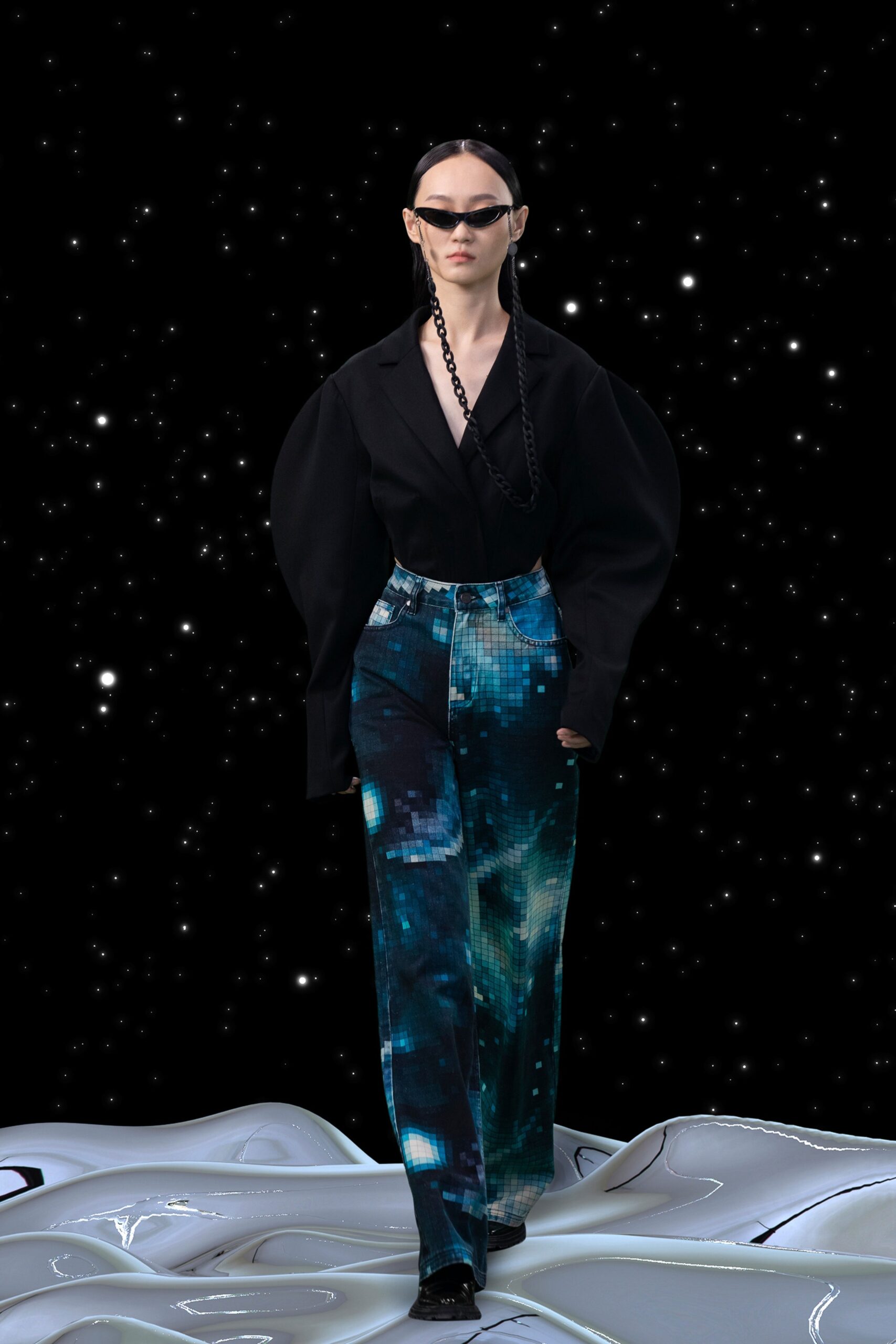 black blazer with blue tailored pants