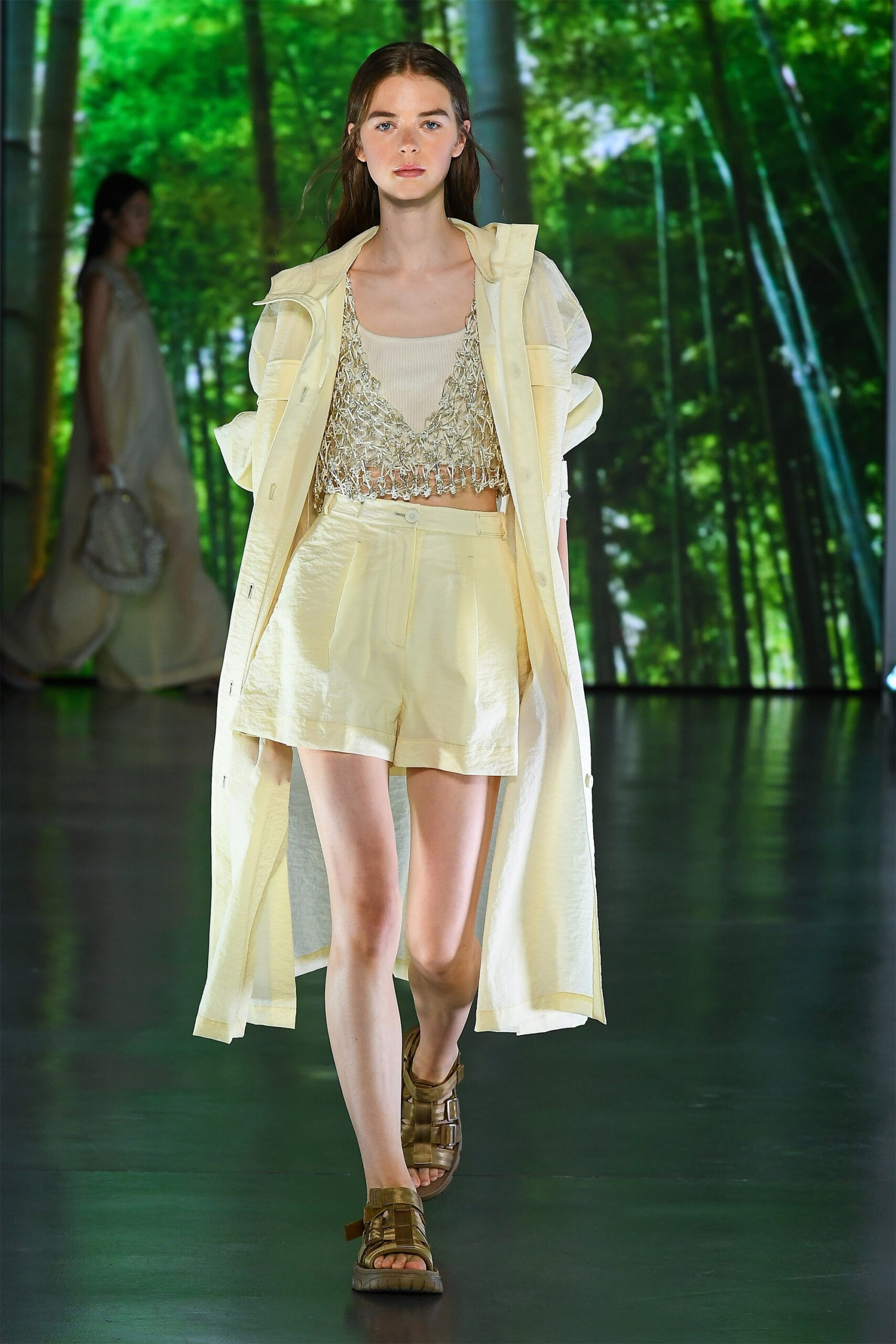 beige cotton long-sleeve collared relaxed buttoned midi coat