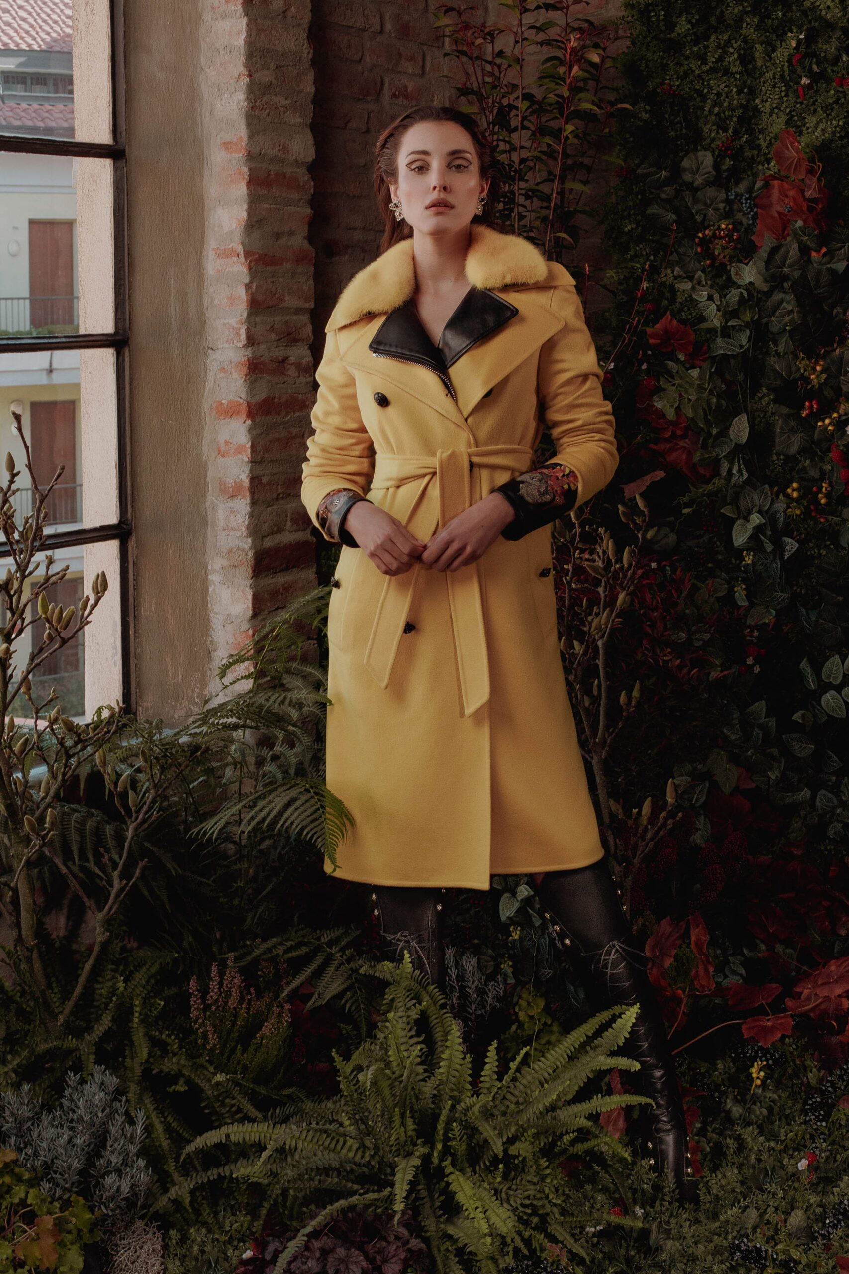 yellow cotton long-sleeve collared fitted belted trench