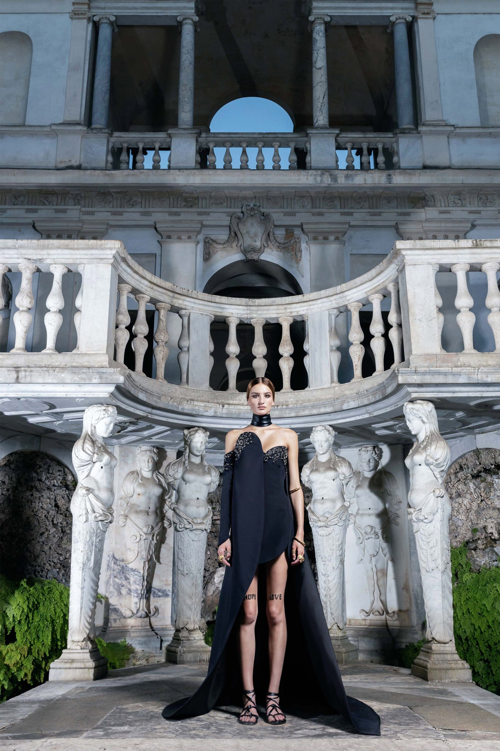 black silk strapless asymmetric dress