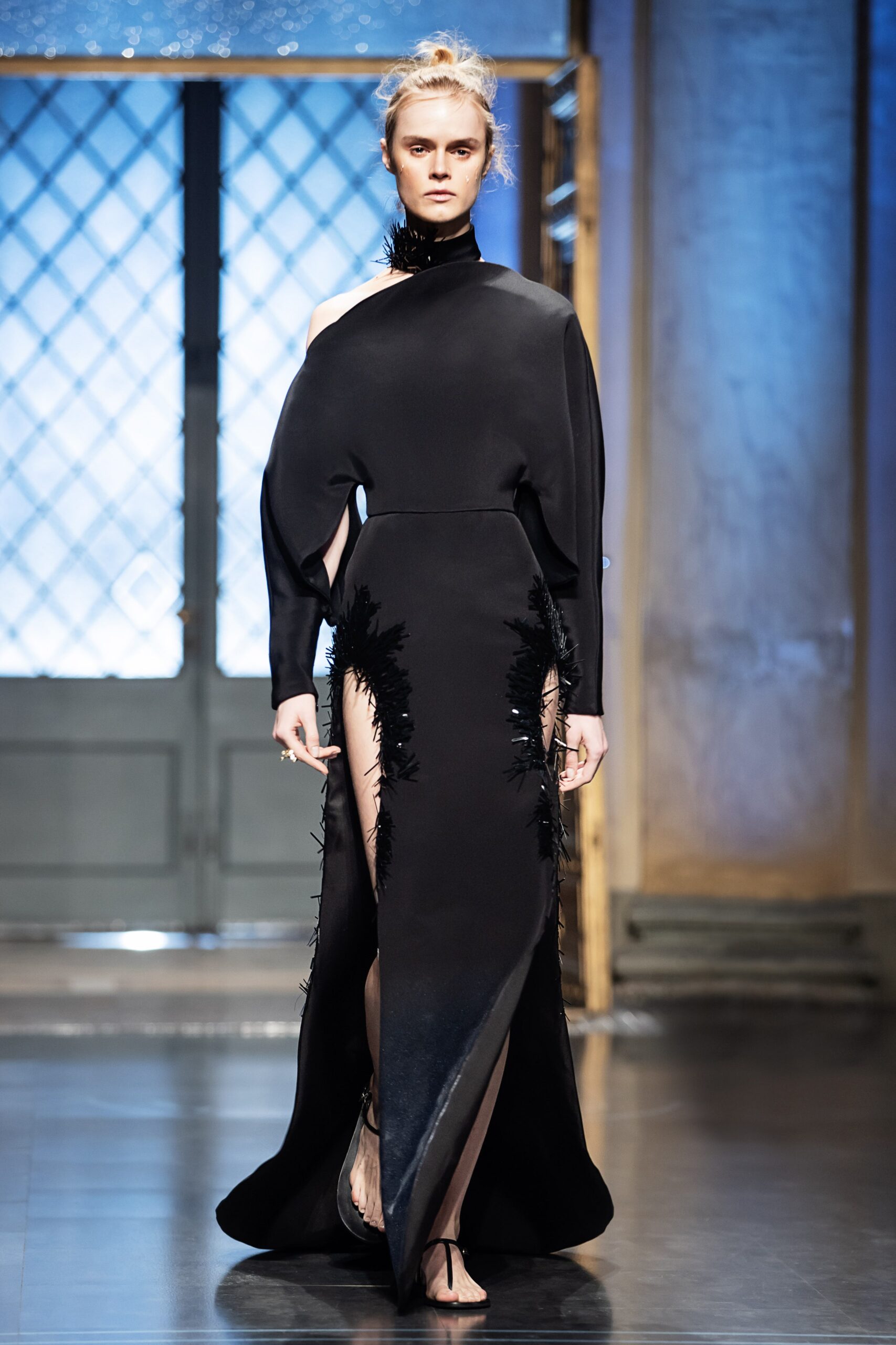 black silk off-shoulder gown