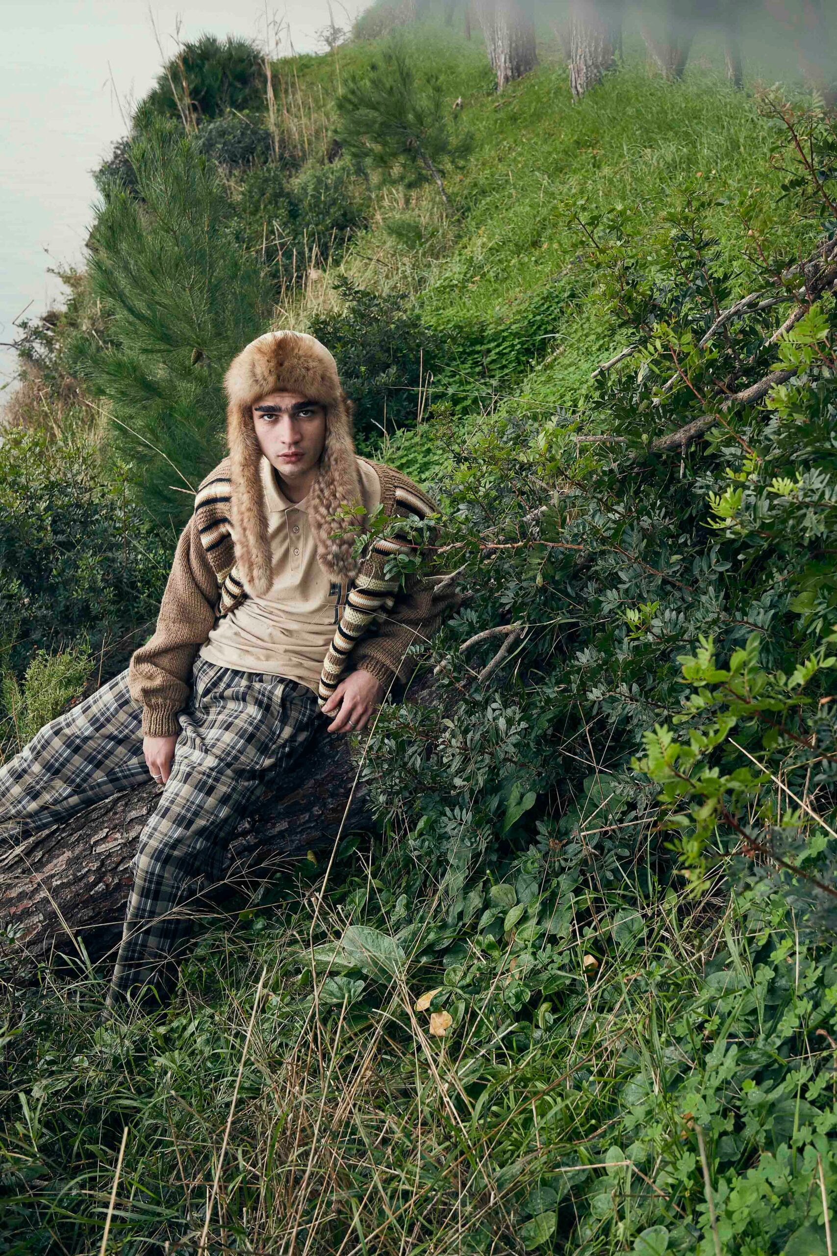 brown relaxed sweater with checked pants