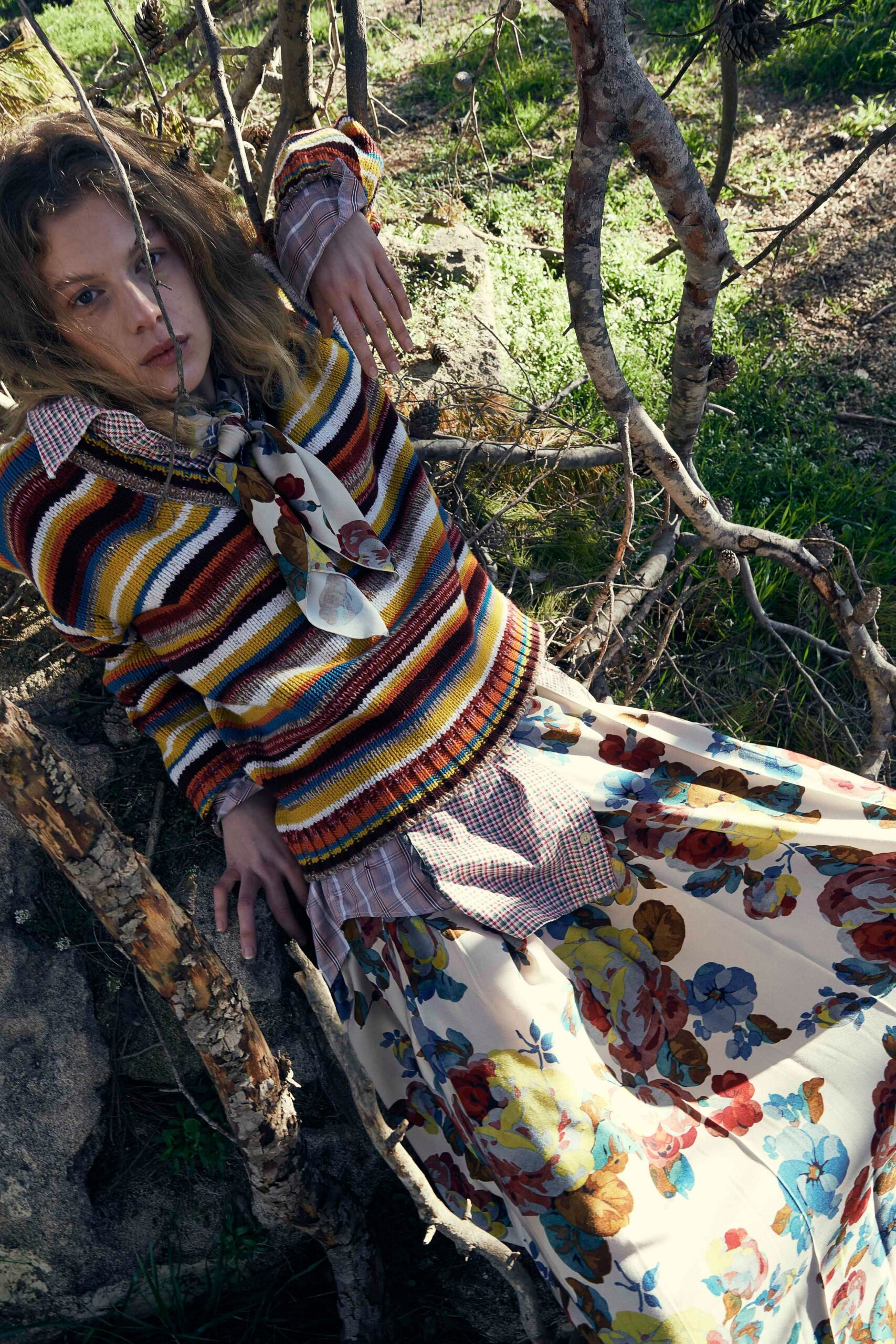 multi-striped relaxed sweater with floral maxi skirt