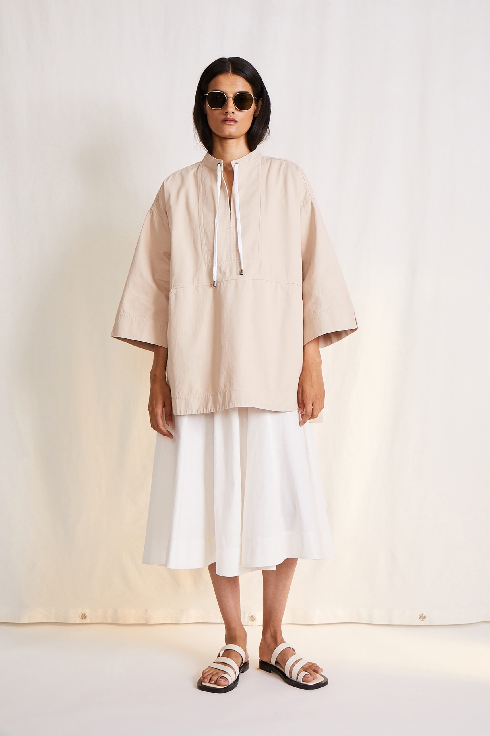 beige cotton top with white midi skirt
