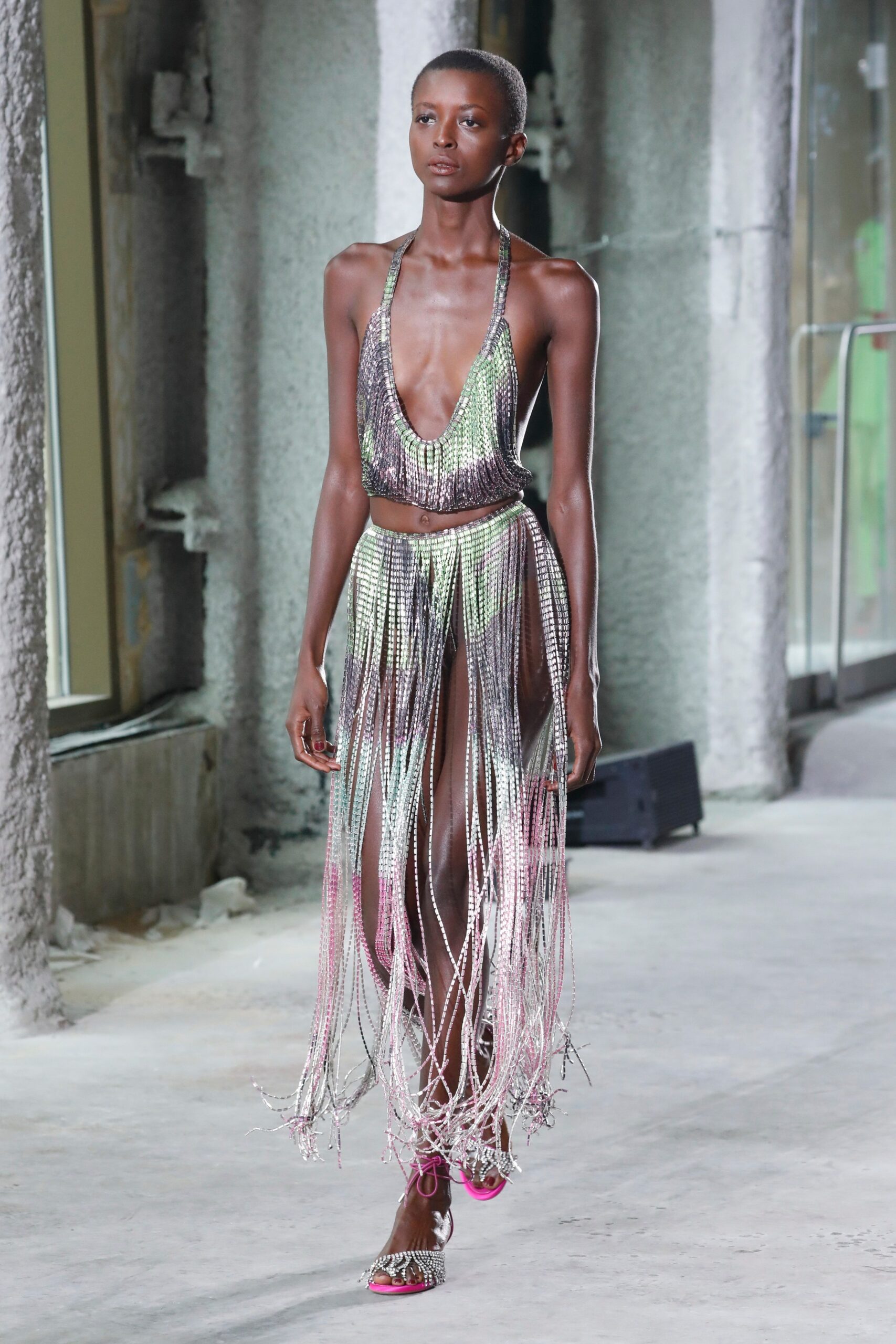 pink green metallic fringed dress
