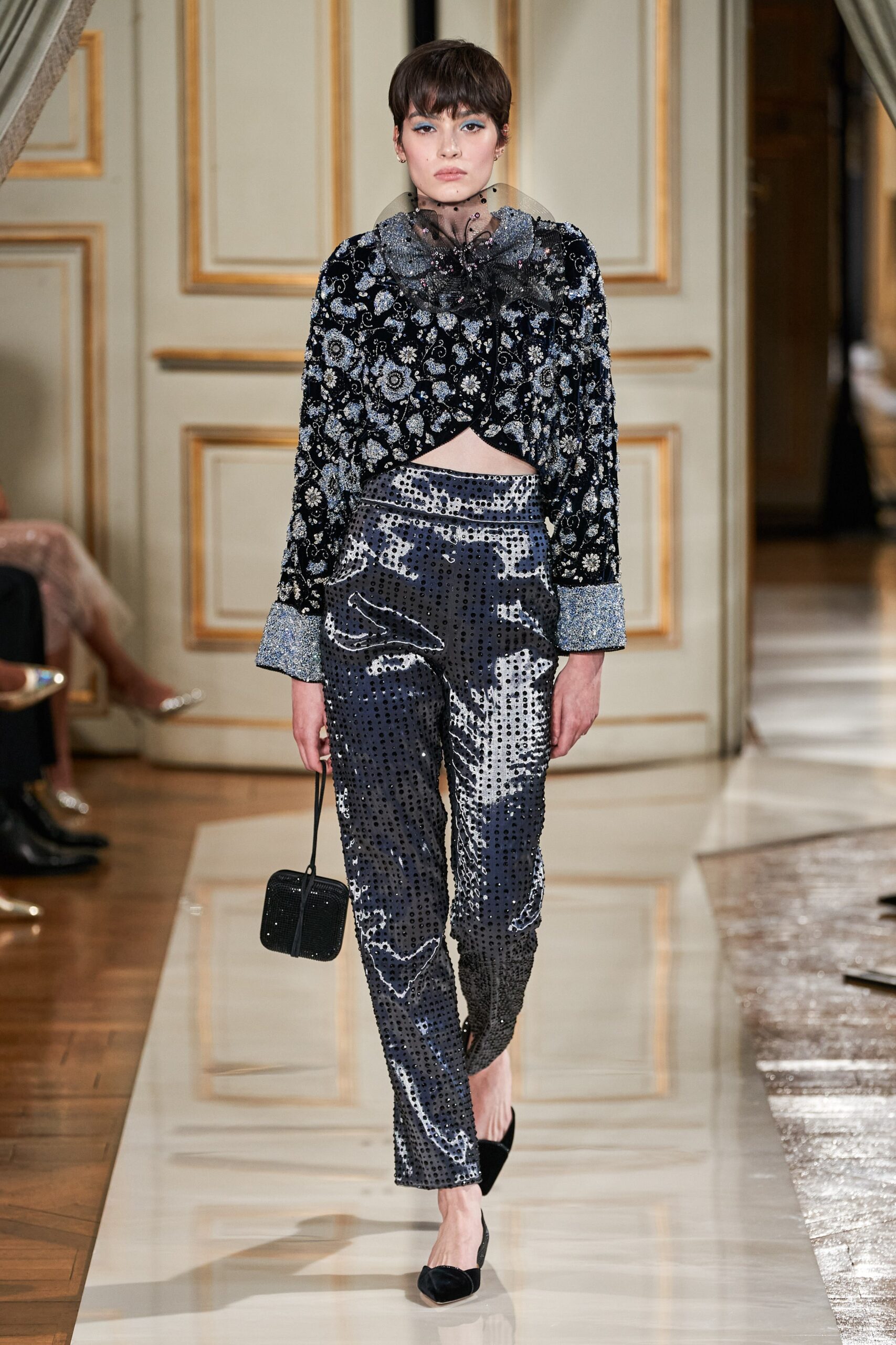 black sequined cropped top and pants