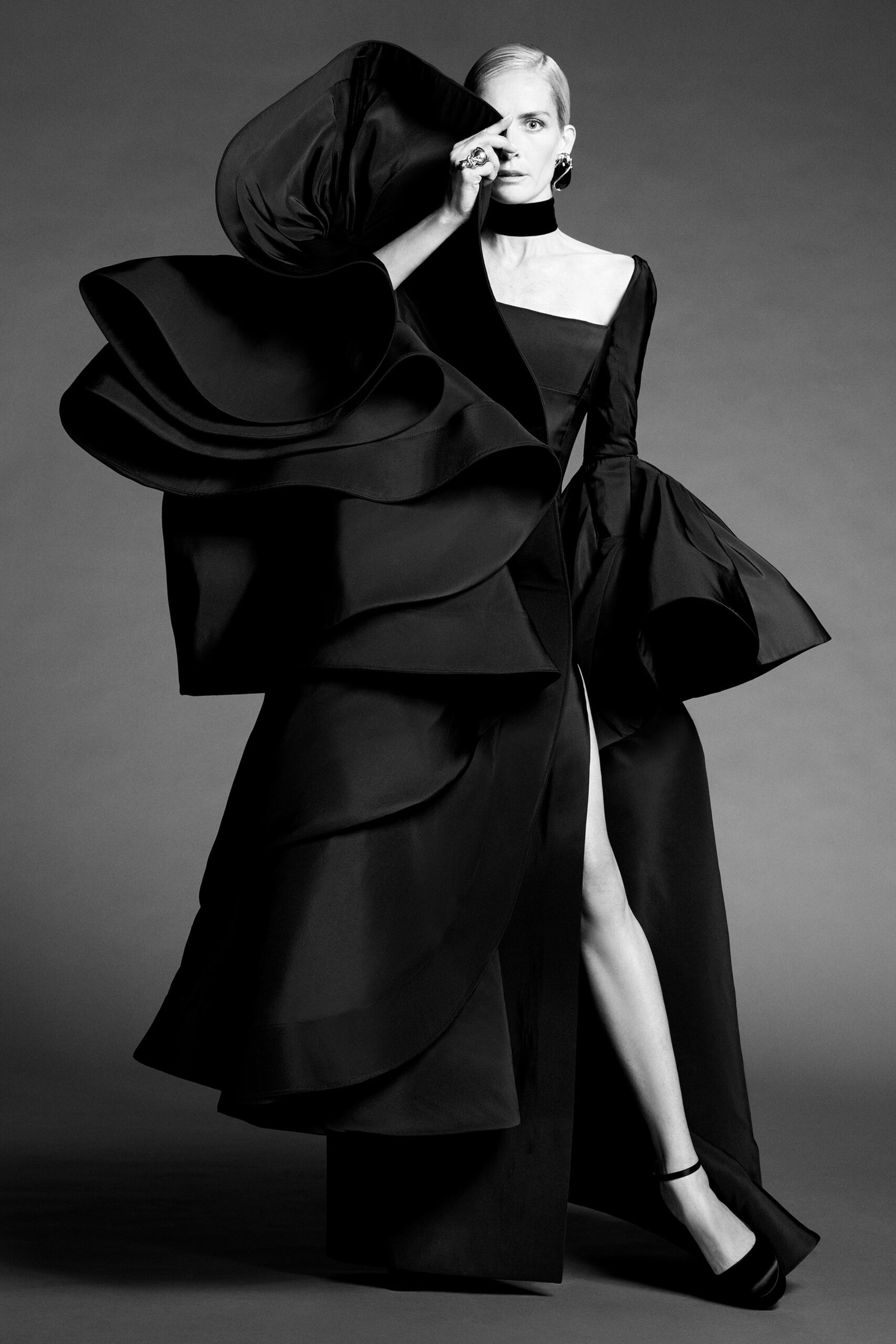 black silk off-shoulder gown