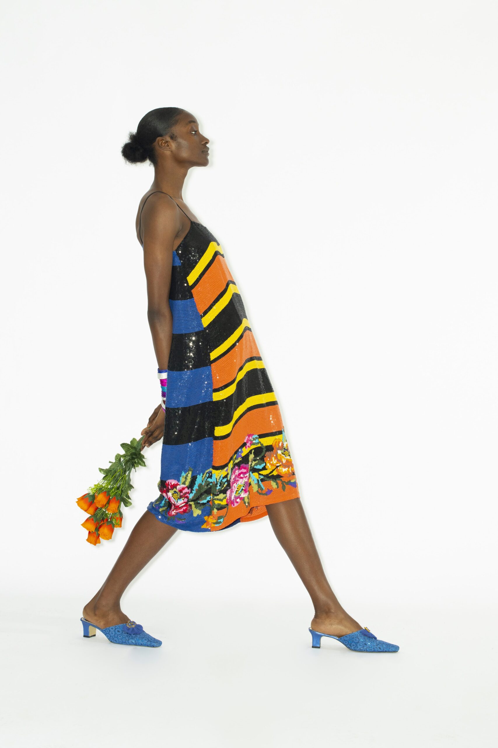 color-blocked midi dress with embellished shoes