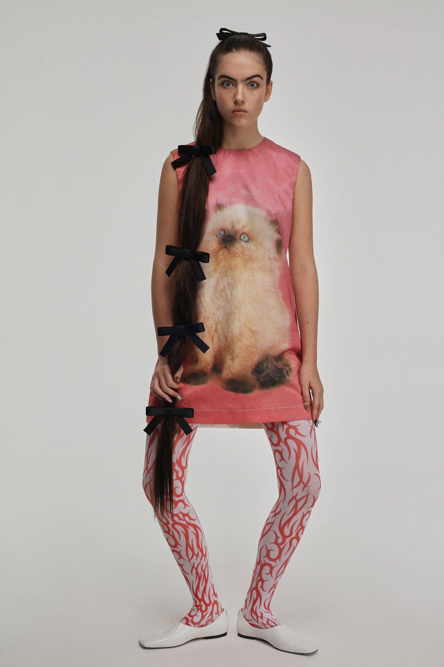 pink cotton sleeveless high-neck fitted printed mini dress