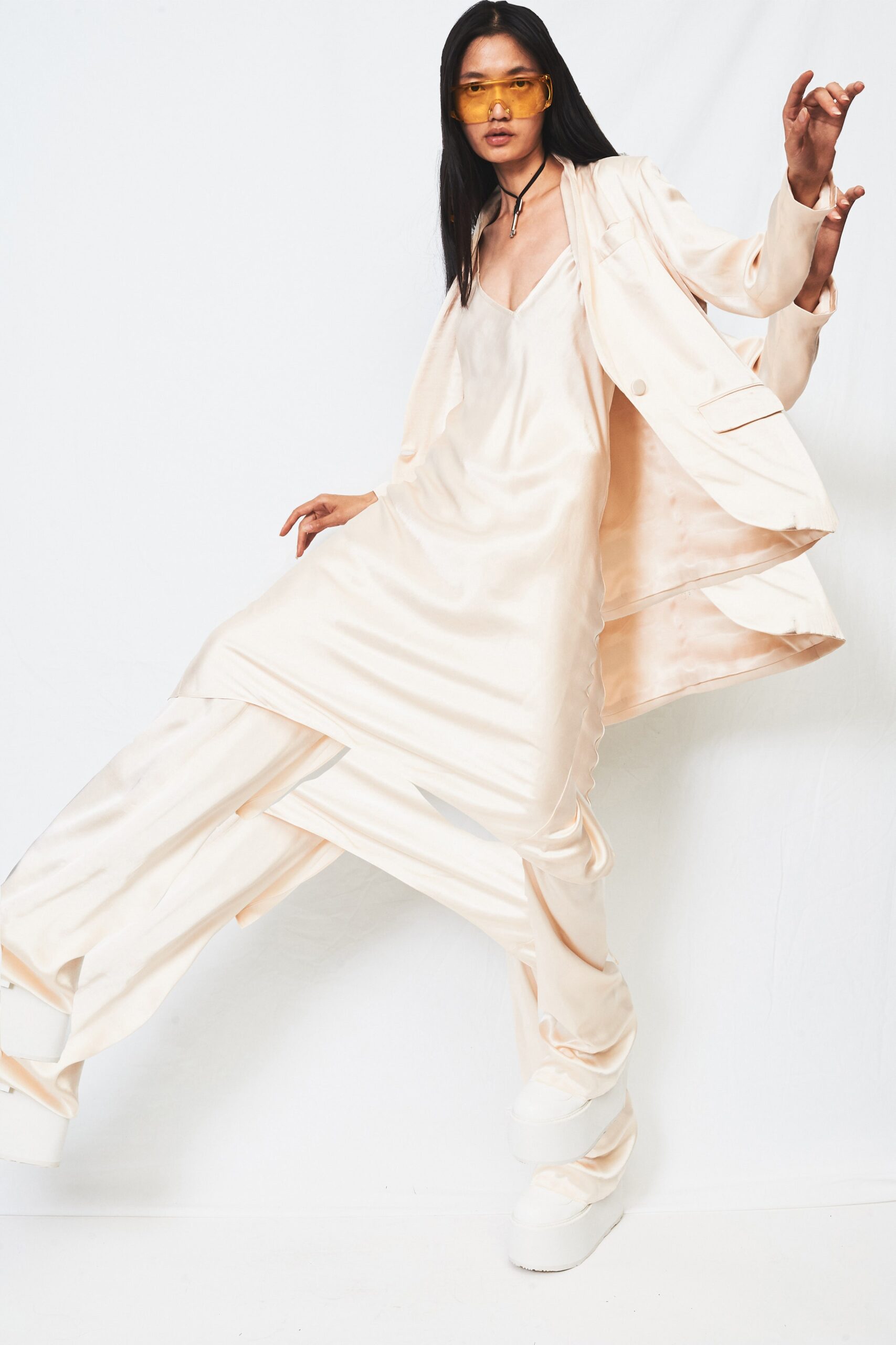 beige silk dress with blazer