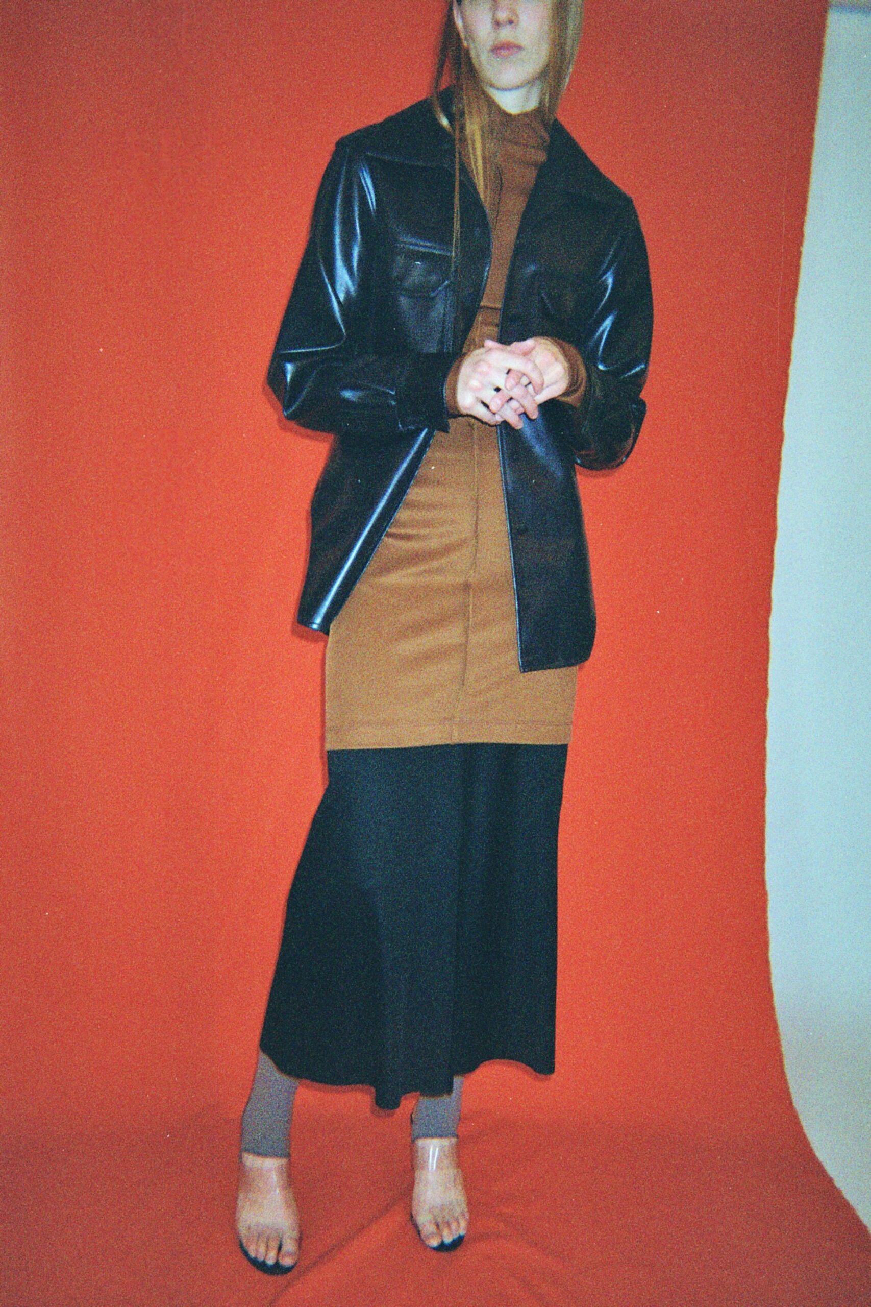 brown cotton sleeveless high-neck fitted color-blocked midi dress