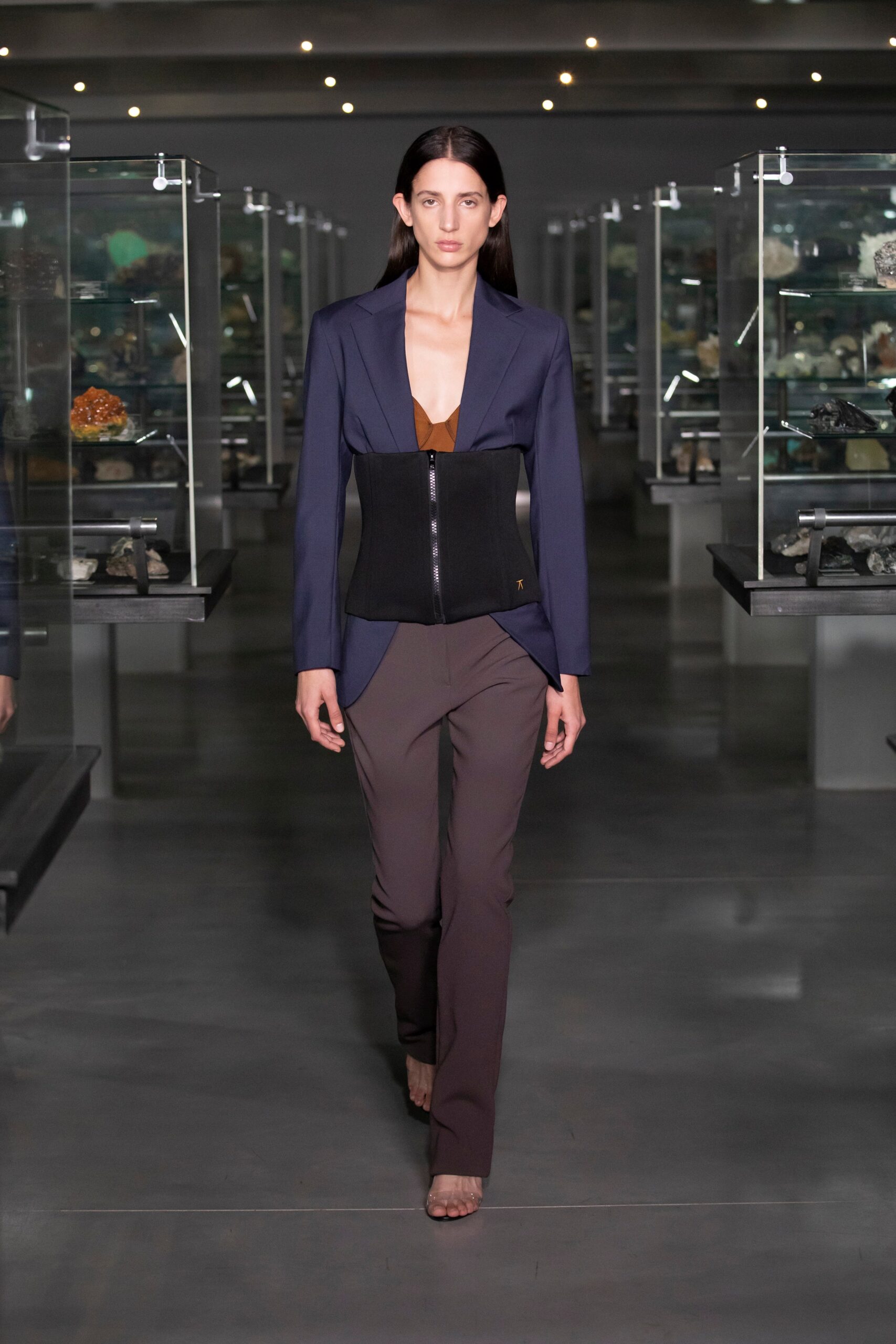 navy tailored blazer with black corset