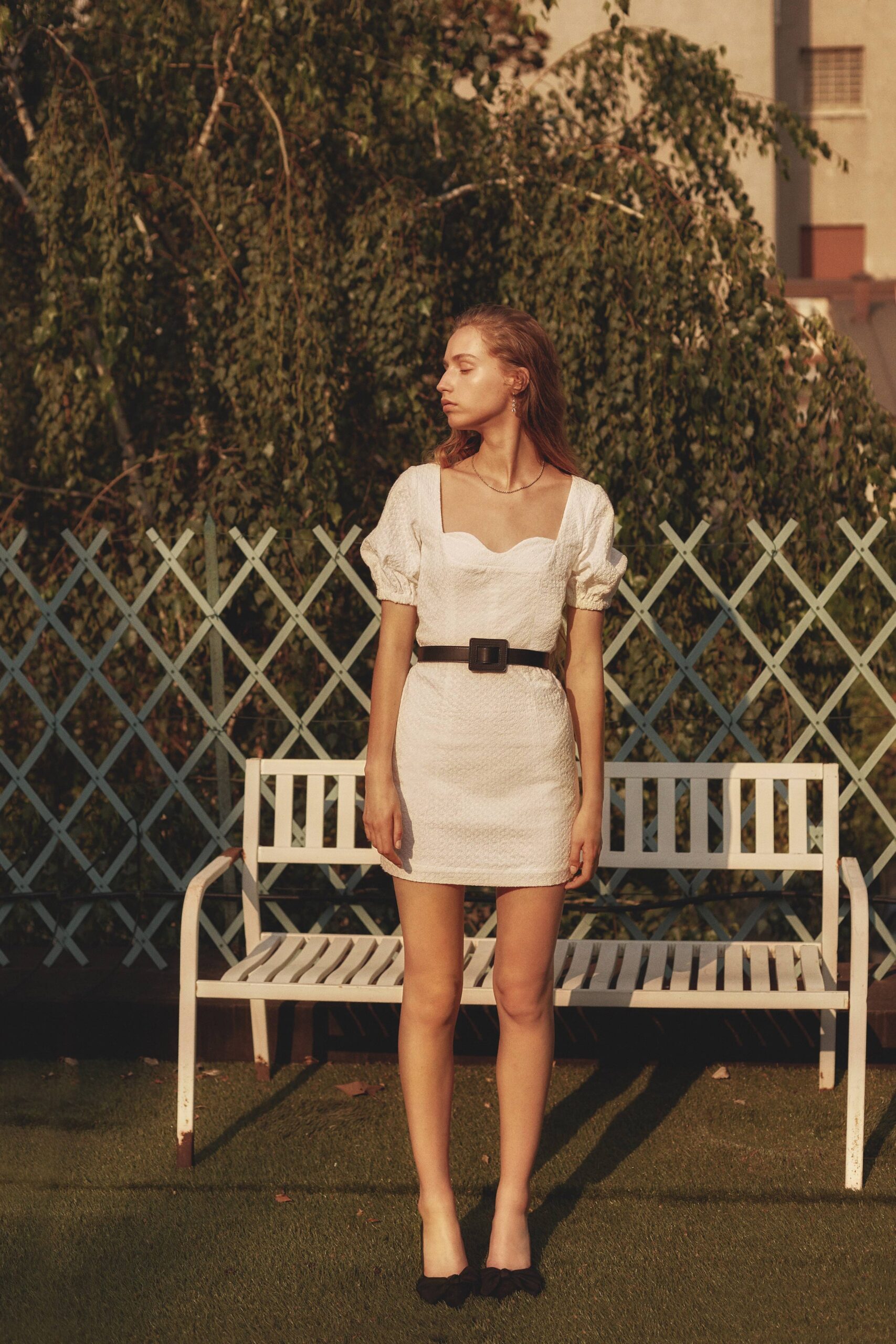 white fitted mini dress with belt