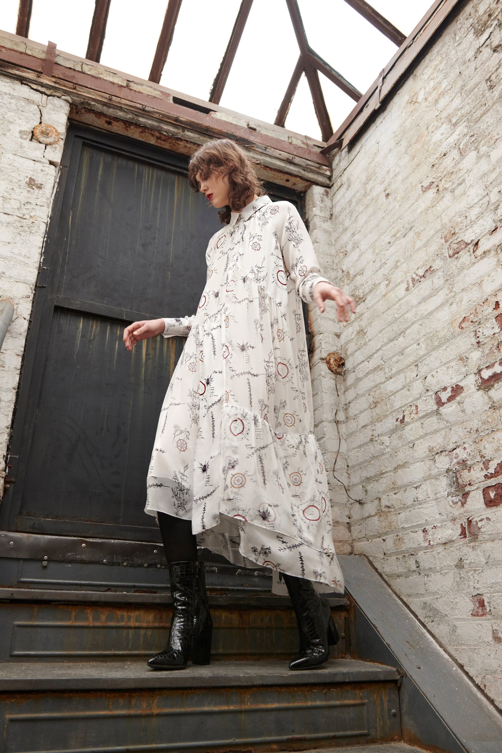 white cotton long-sleeve high-neck relaxed tiered printed dress