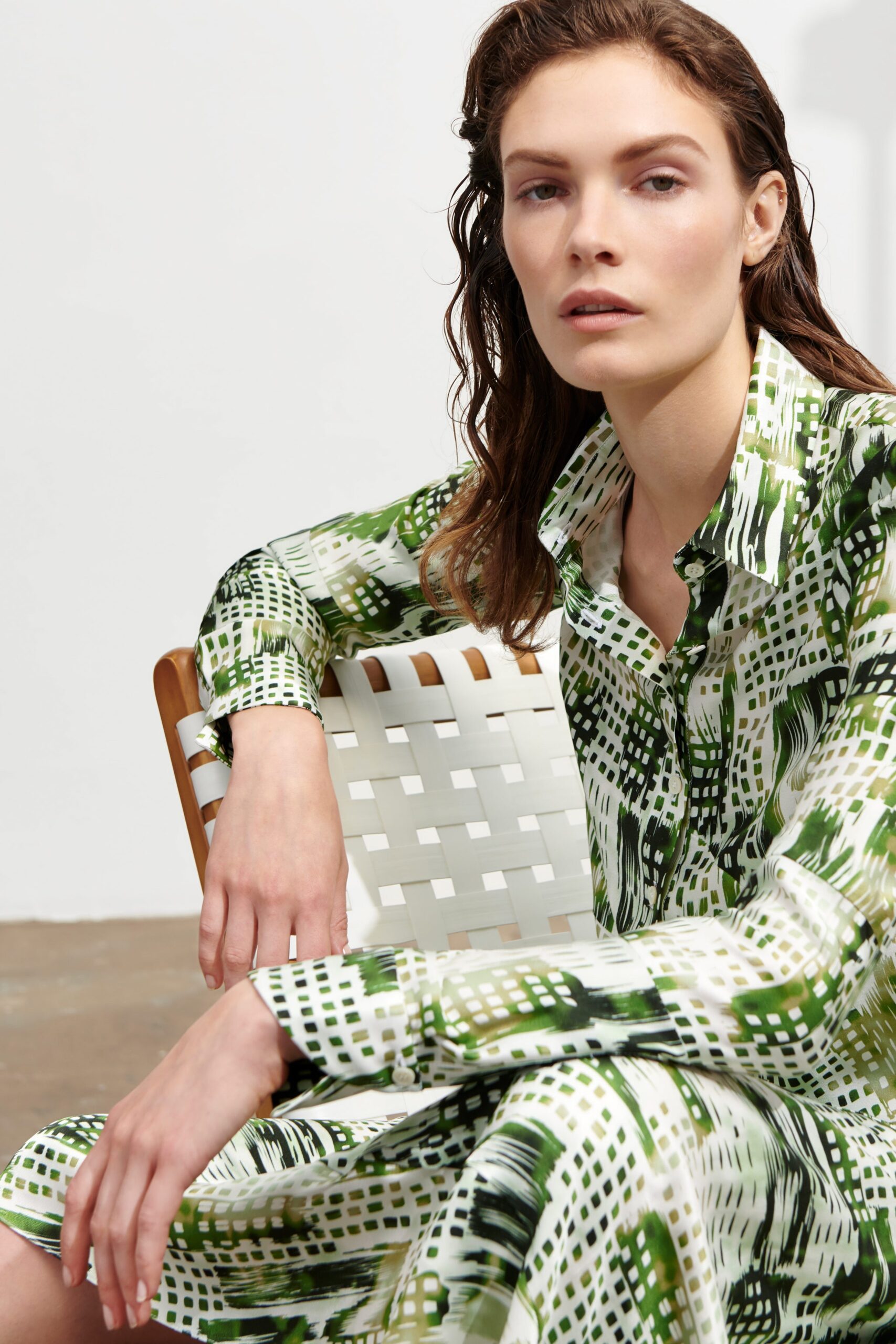 green and white printed shirt-dress