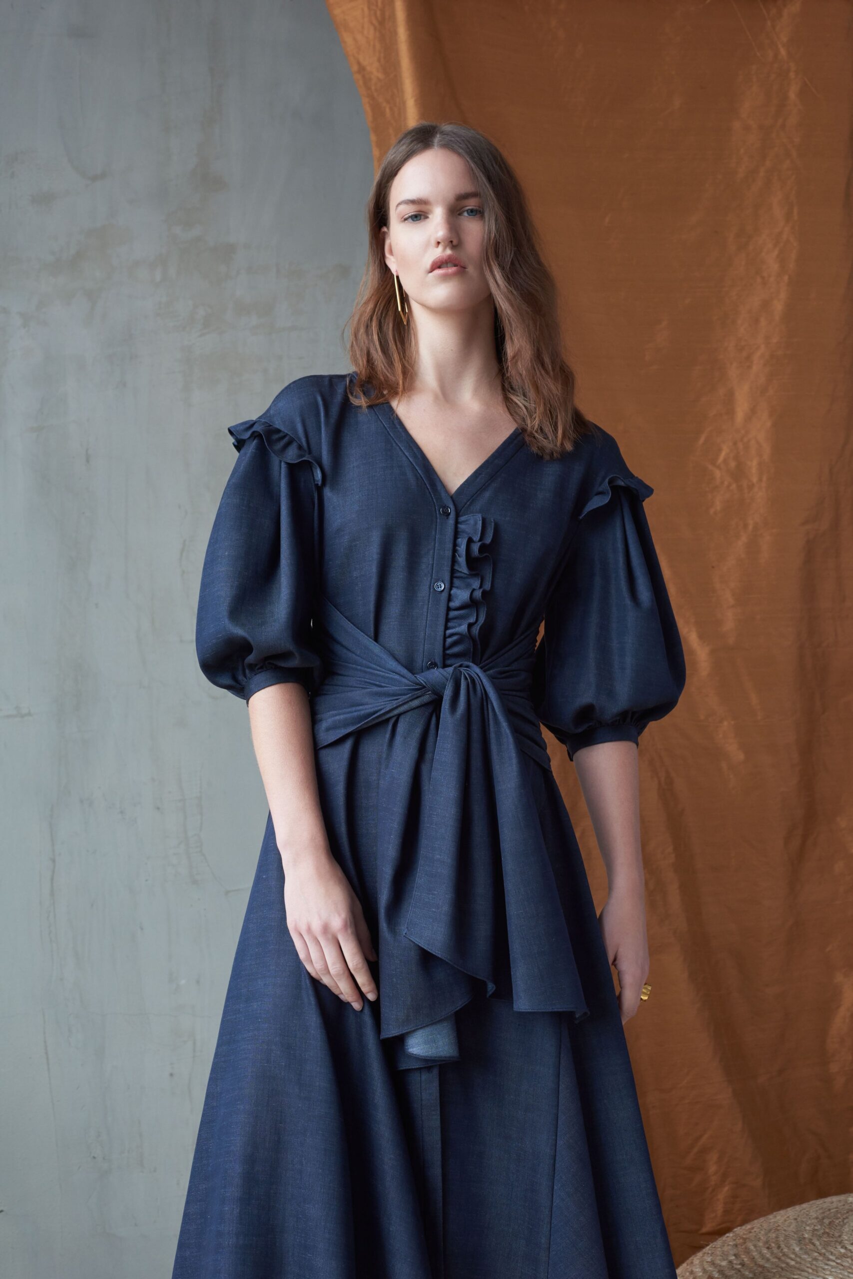 blue cotton long-sleeve dress