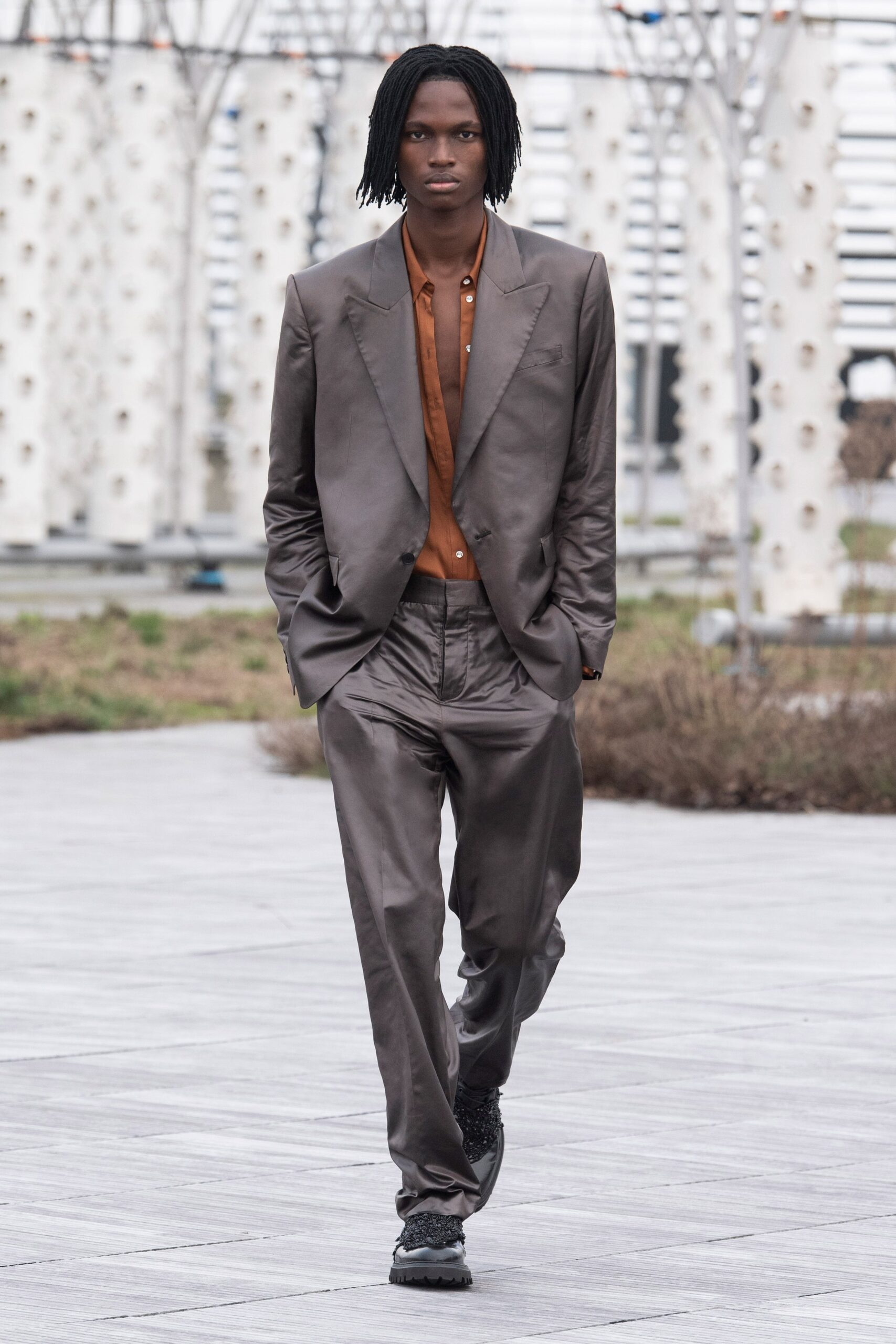 gray silk tailored suit