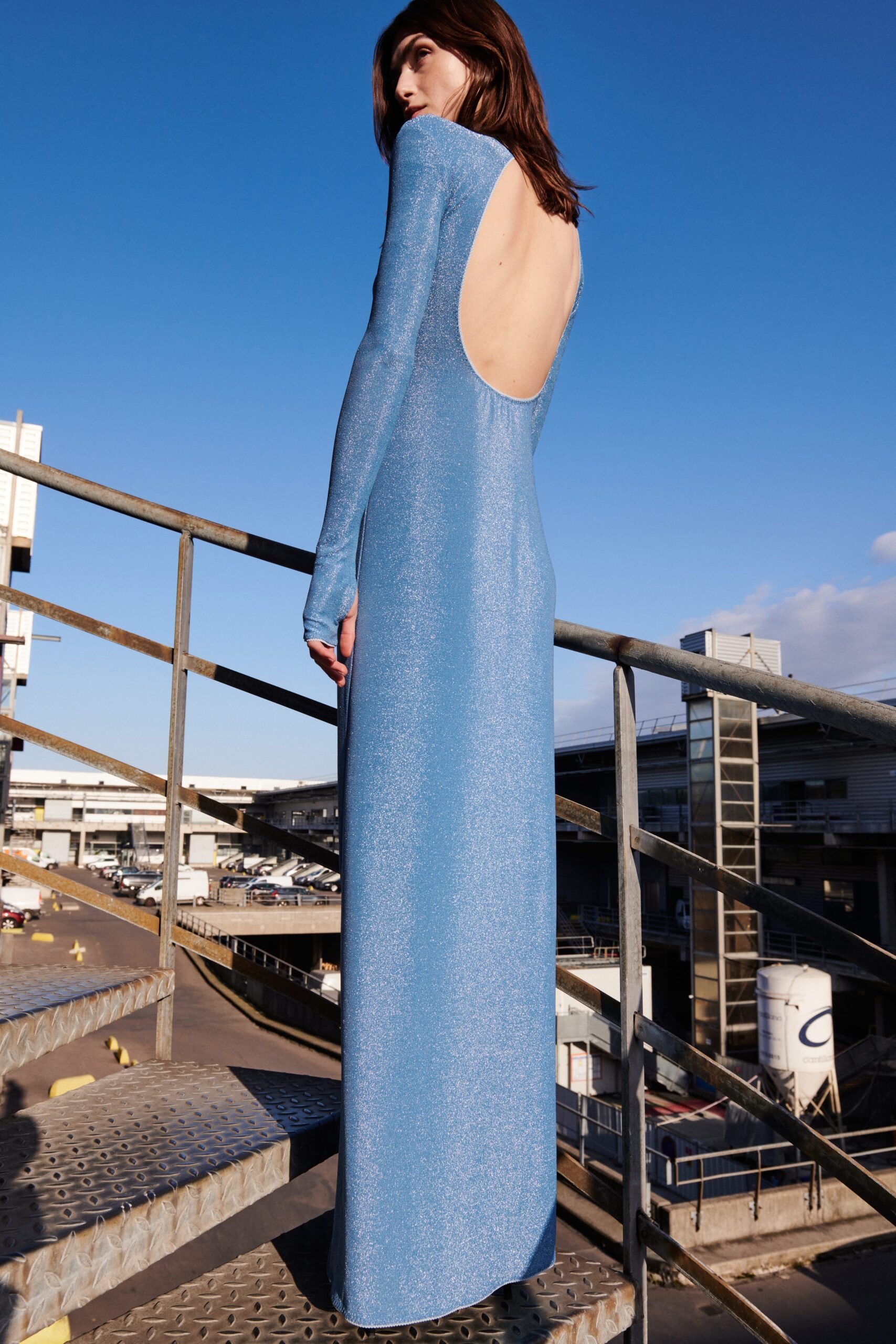 blue metallic backless gown