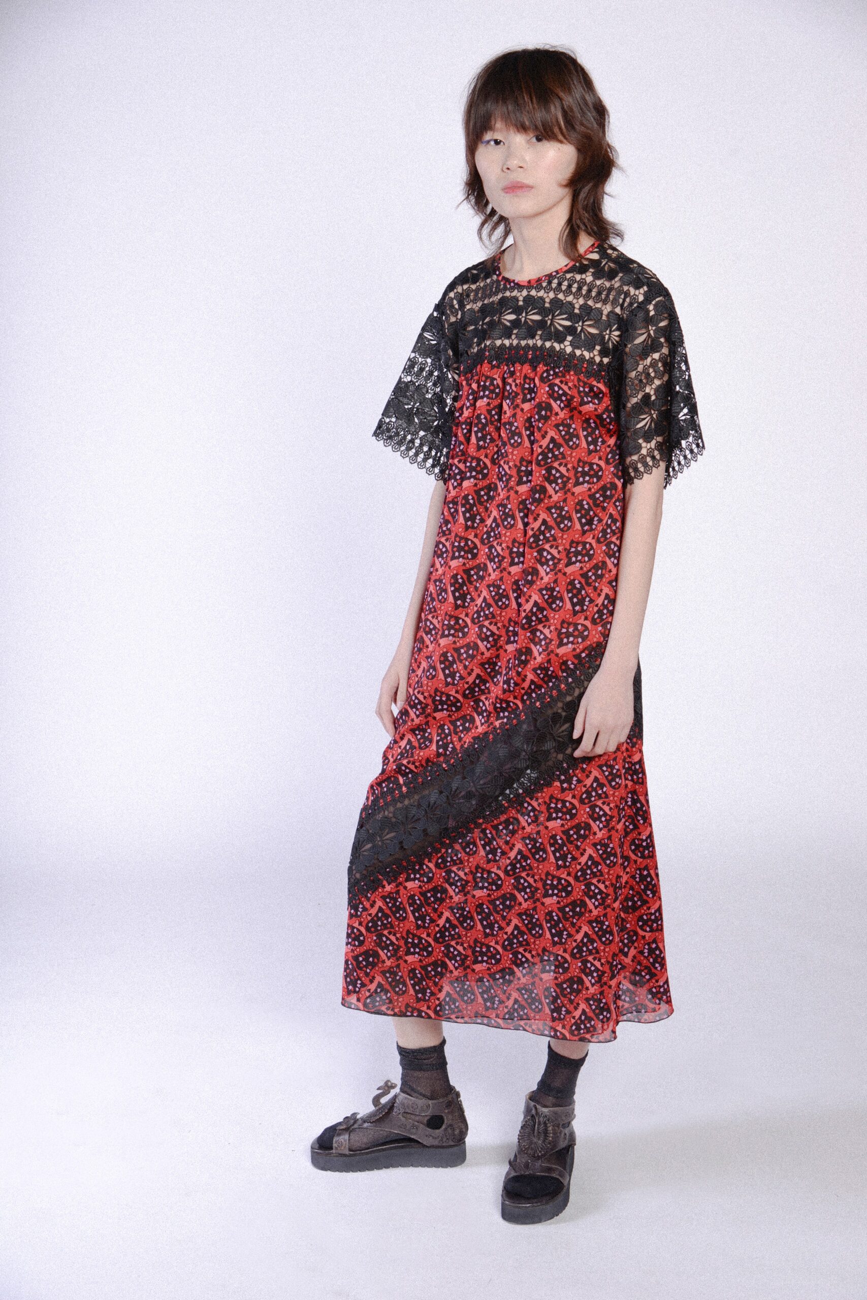 red and black printed midi dress