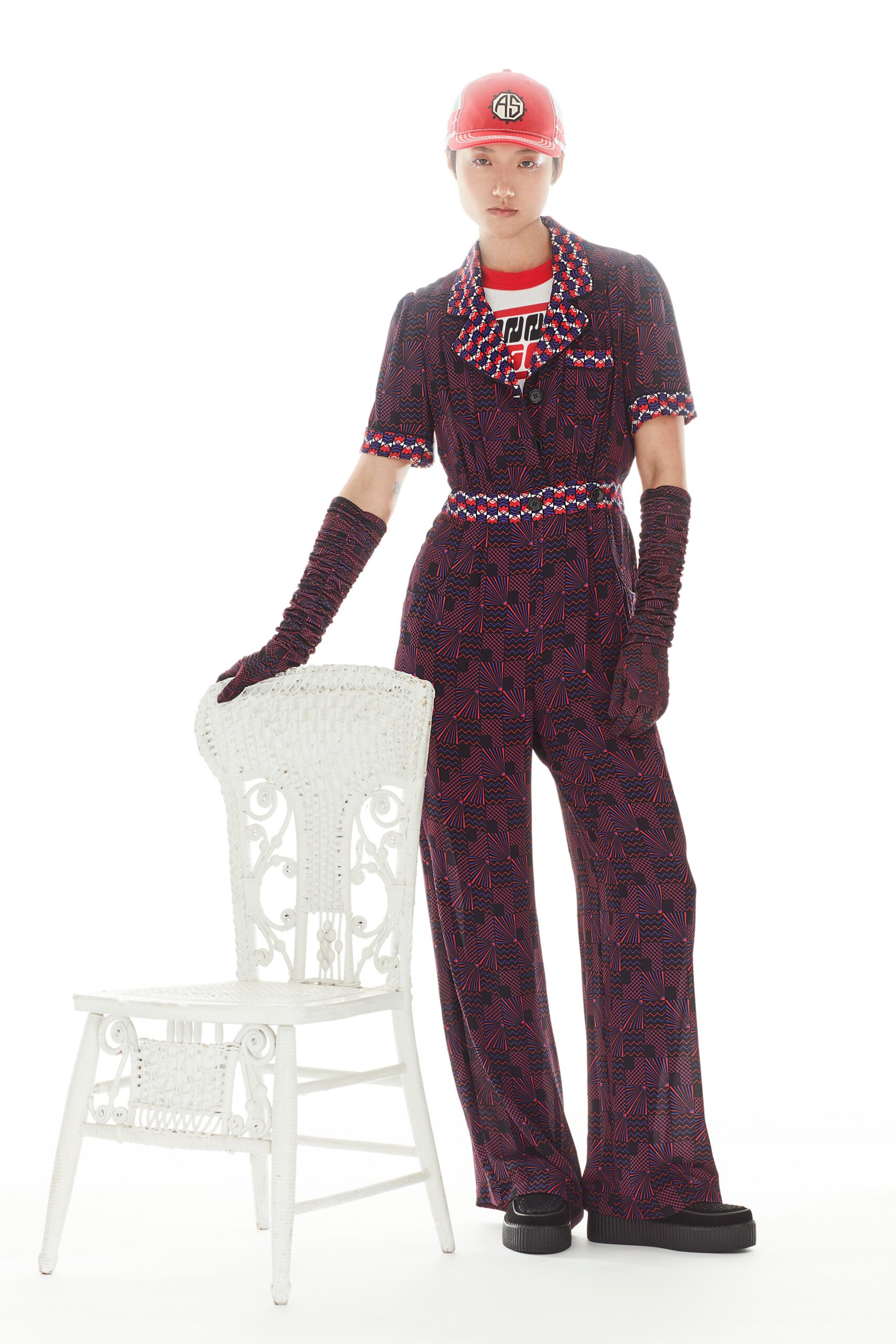 black printed jumpsuit with gloves