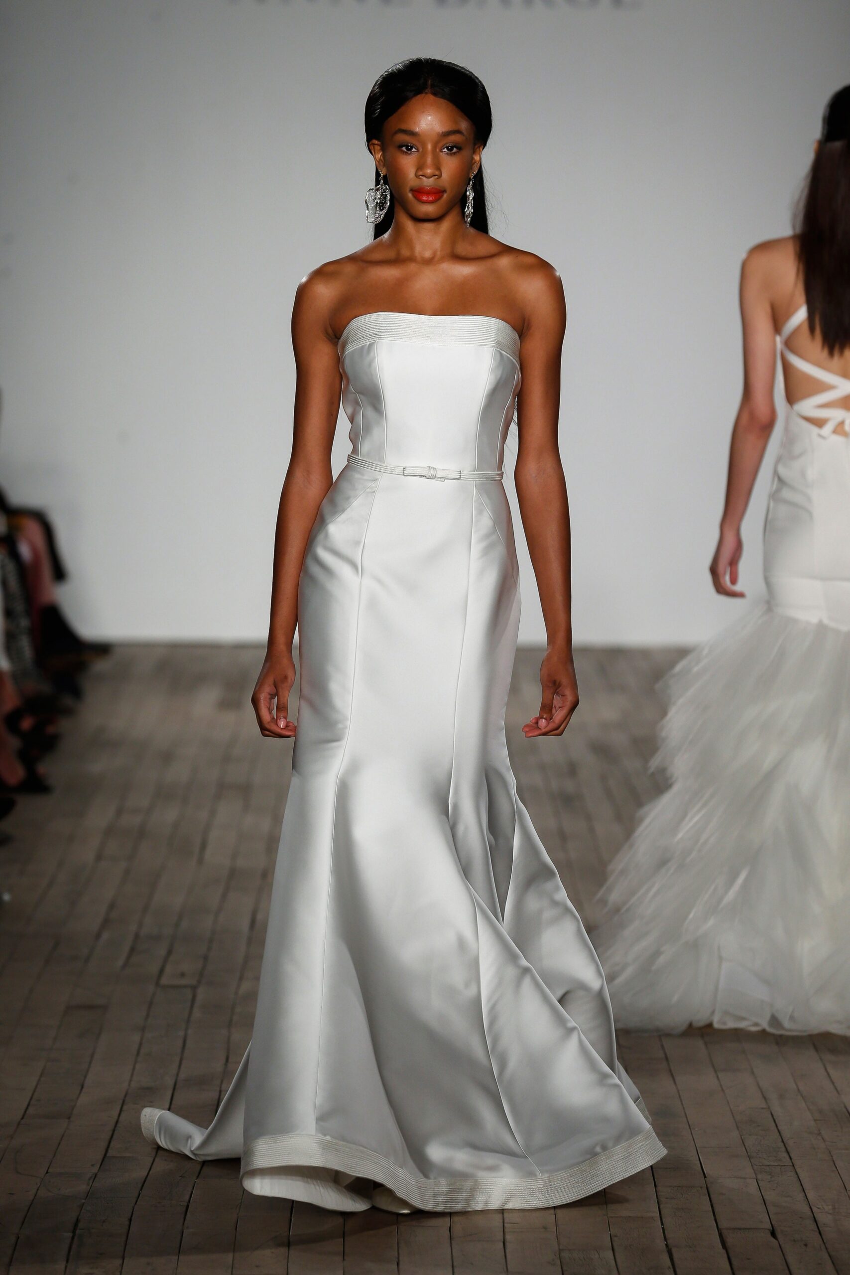 white silk strapless gown