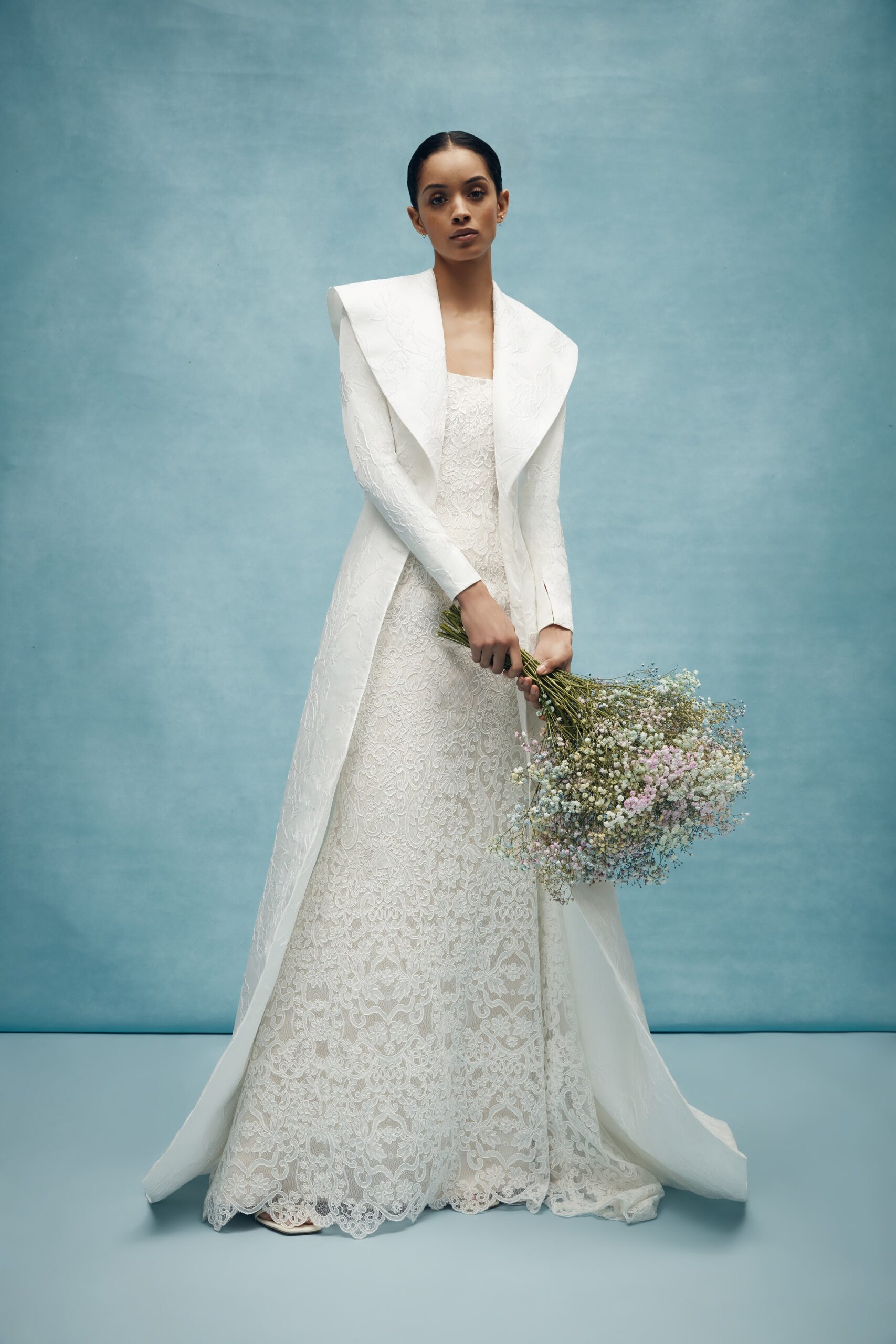 white silk long-sleeve structured draped coat