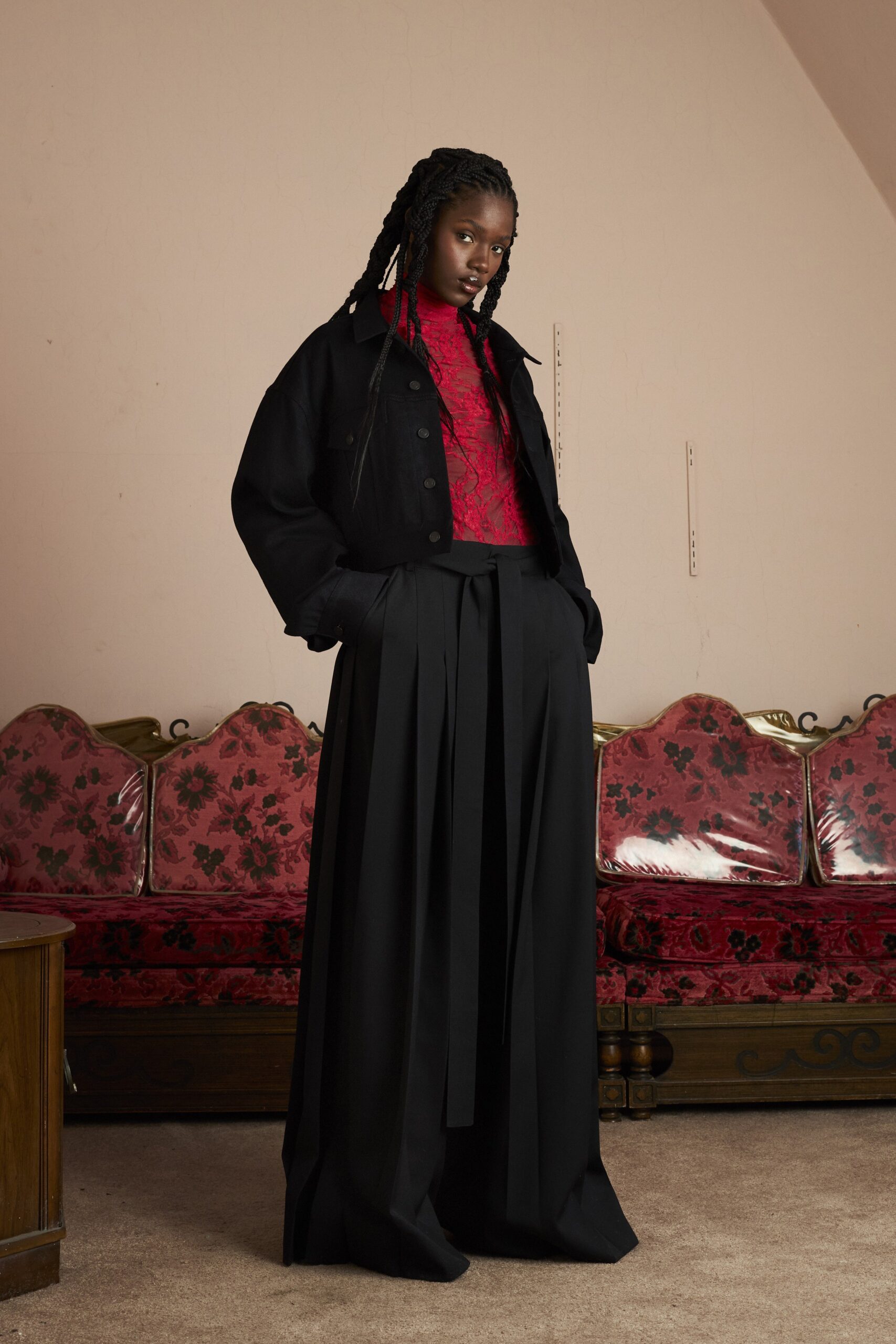 black oversized jacket red lace top