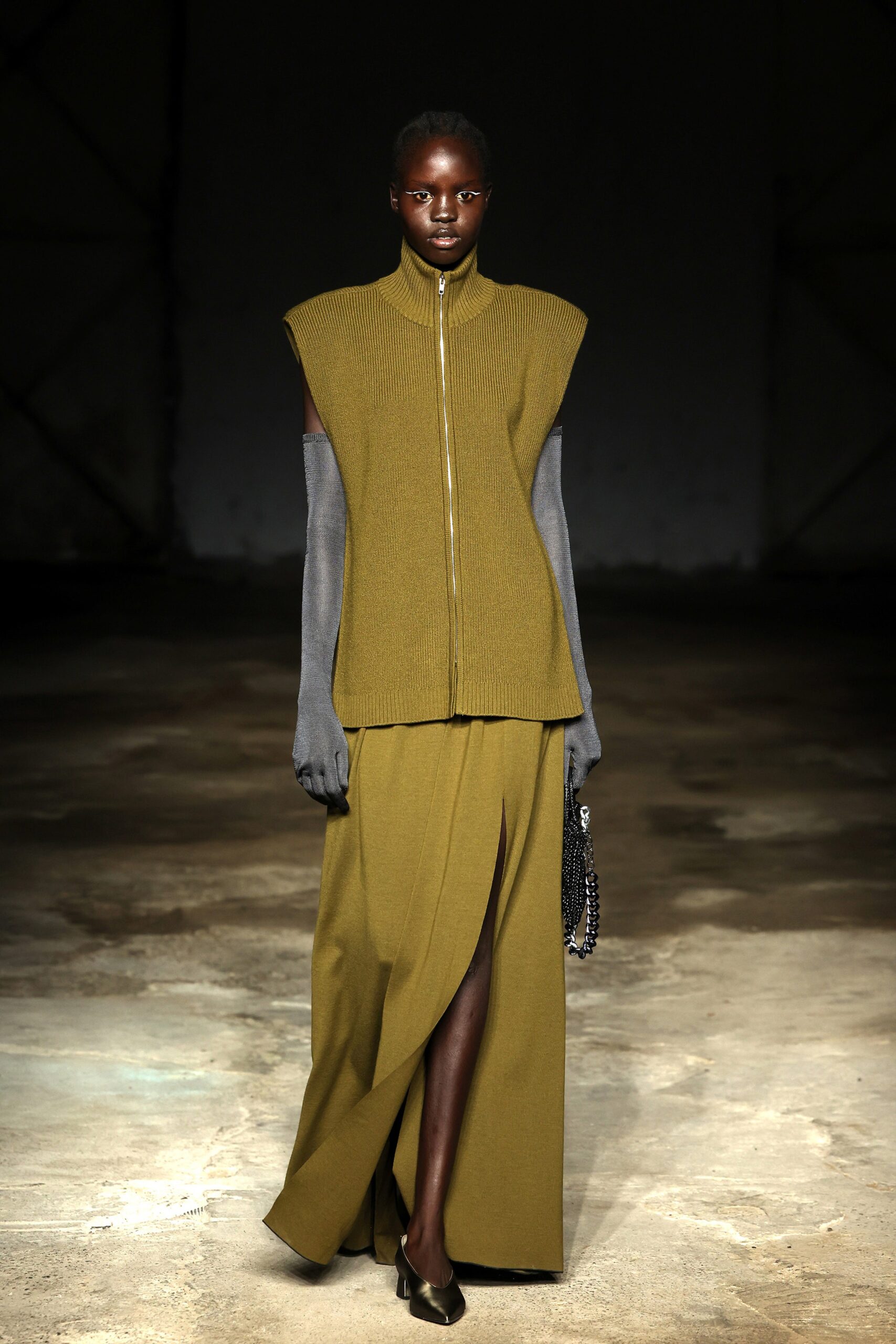 green fitted midi dress with gloves