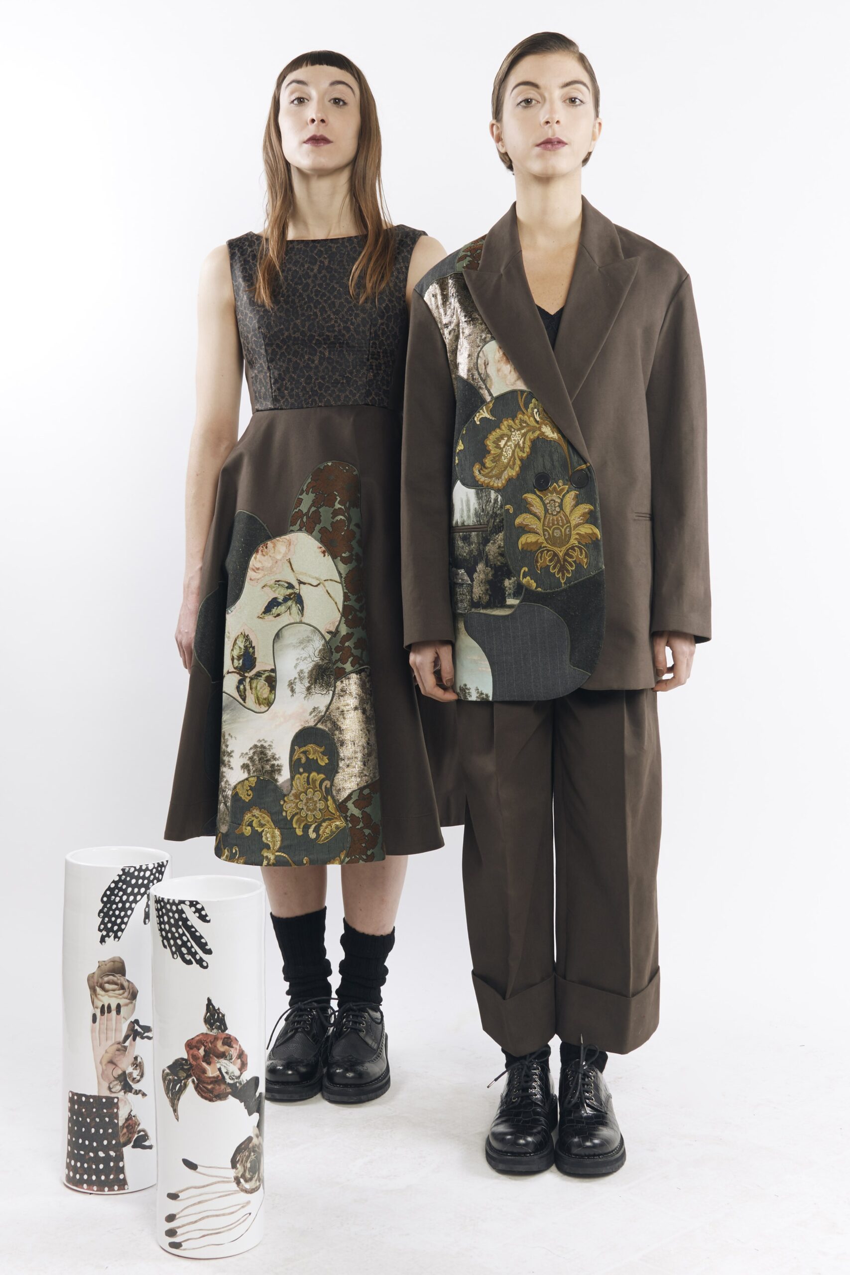 brown cotton sleeveless v-neck fitted a-line printed dress